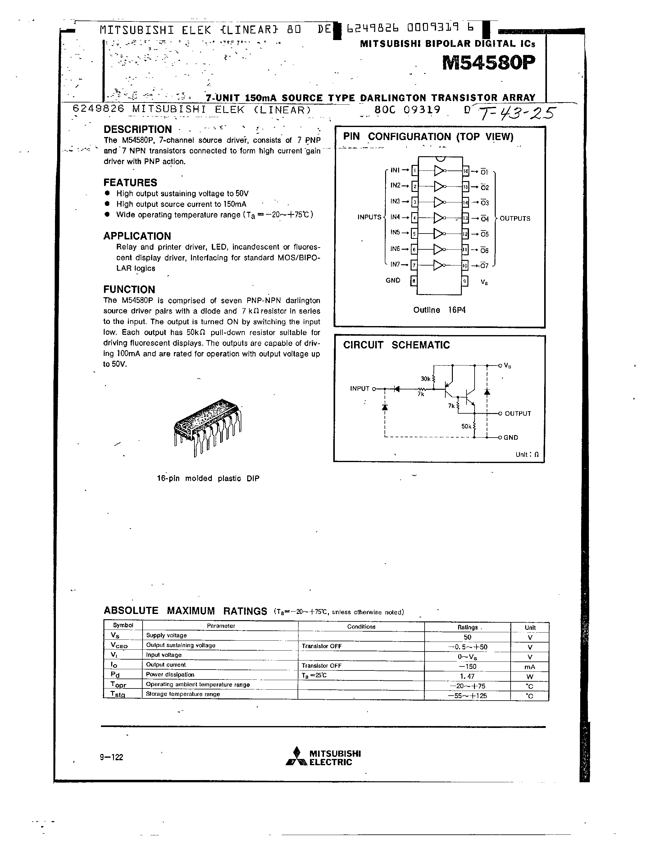Даташит на микросхему M54580P страница 1 Даташит M54580P - 7 UNIT 150MA SOURCE TYPE DARLINGTON TRANSISTOR ARRAY страница 1