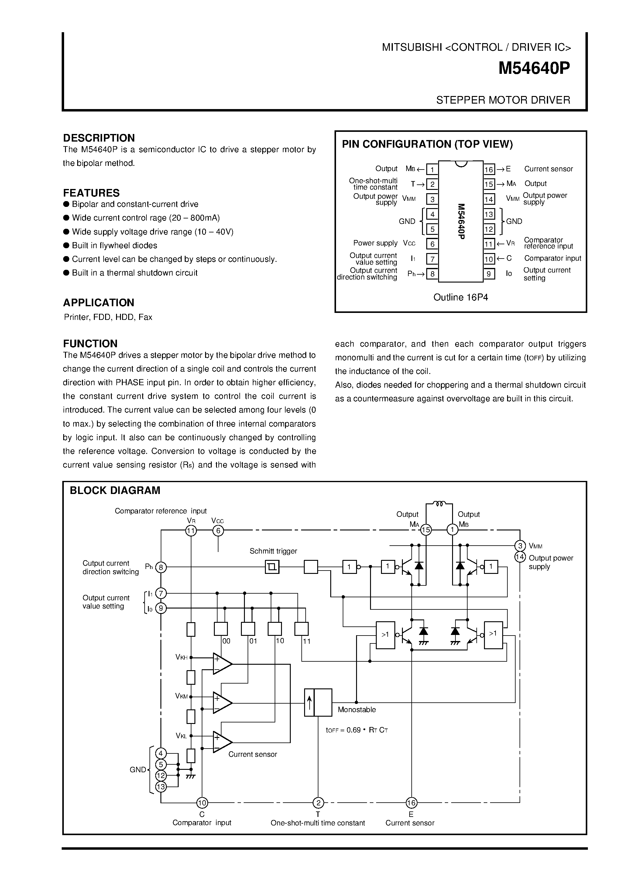 Даташит M54640P - STEPPER MOTOR DRIVER страница 1
