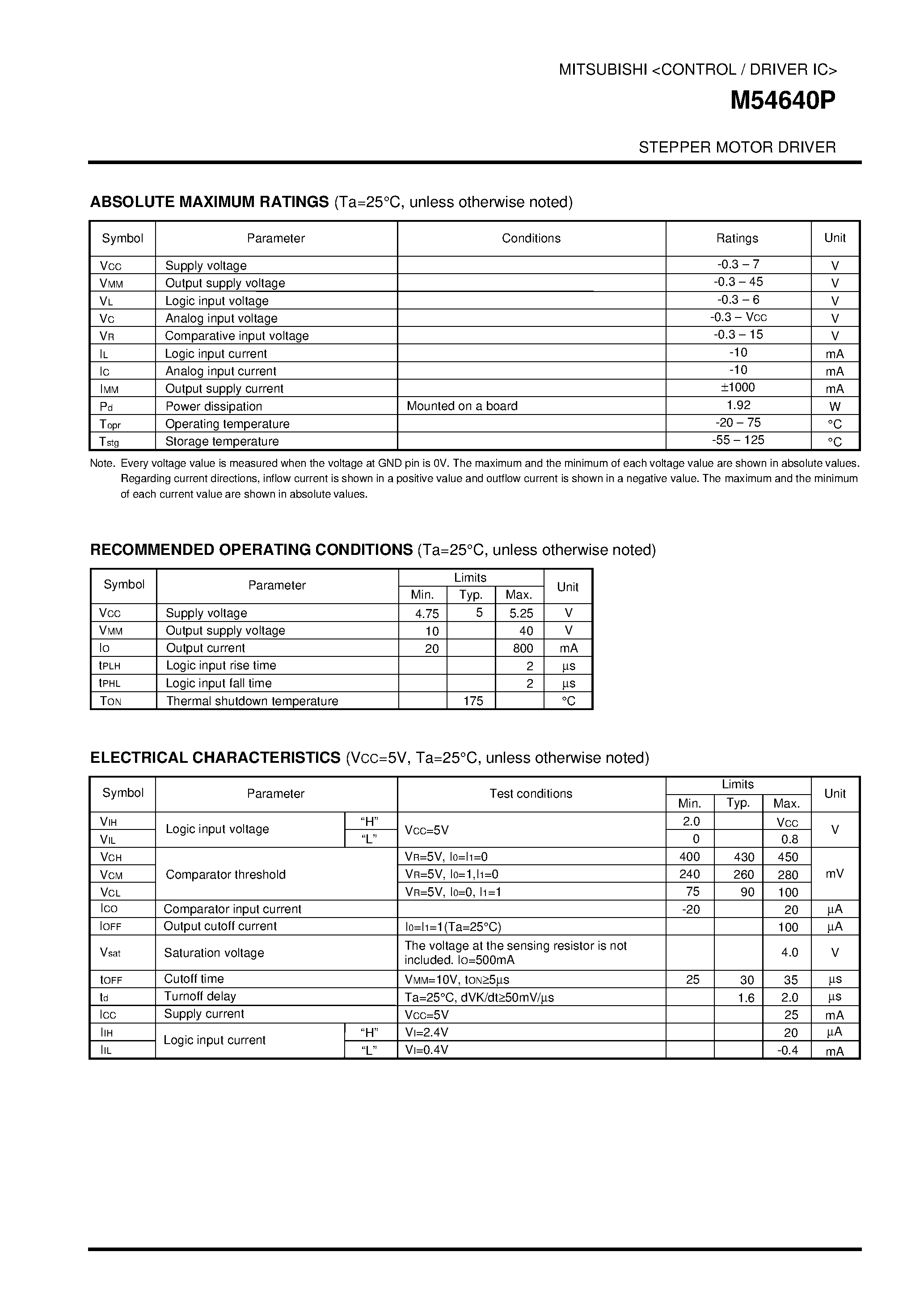 Даташит M54640P - STEPPER MOTOR DRIVER страница 2