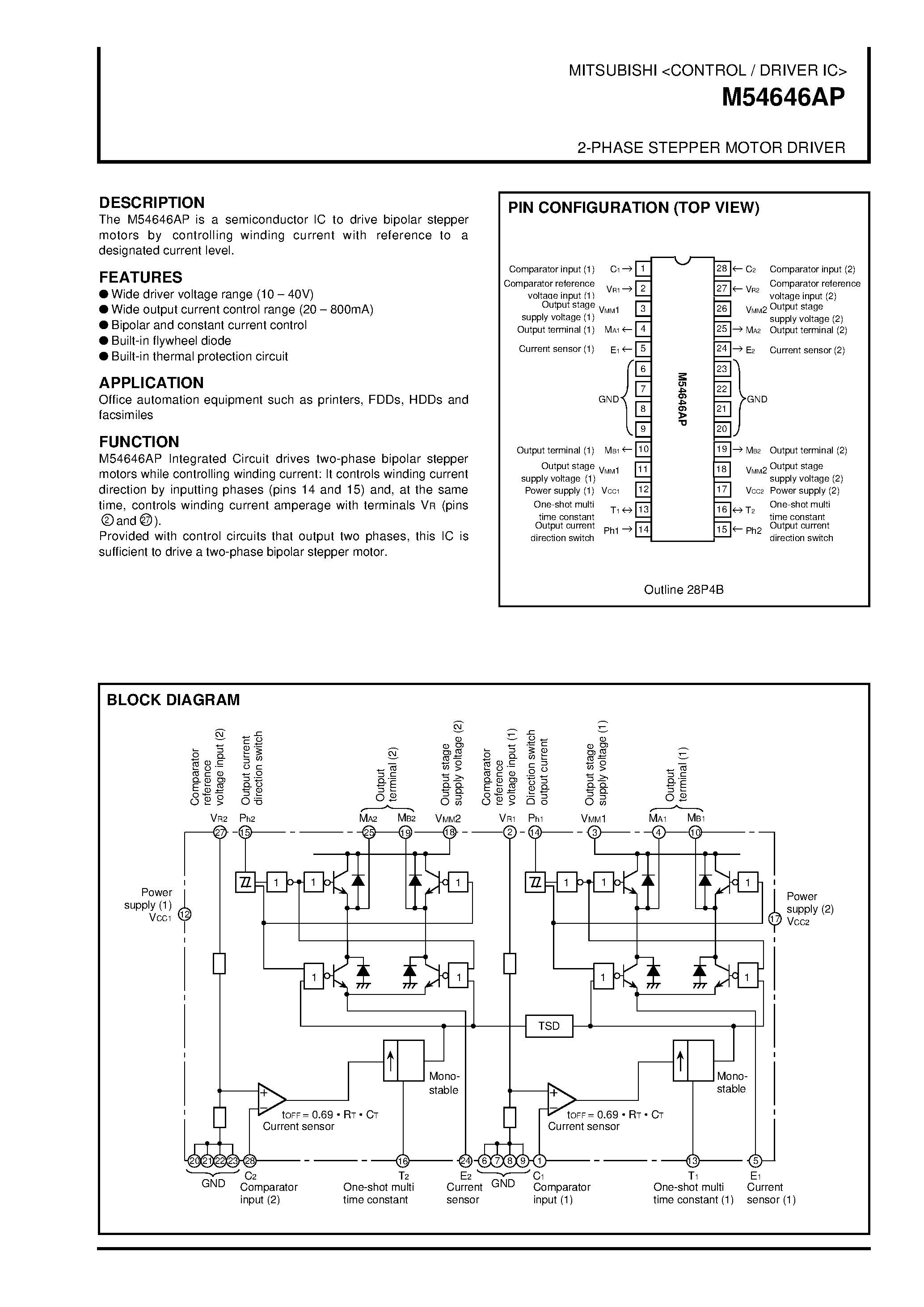 Даташит на микросхему M54646AP страница 1 Даташит M54646AP - 2-PHASE STEPPER MOTOR DRIVER страница 1