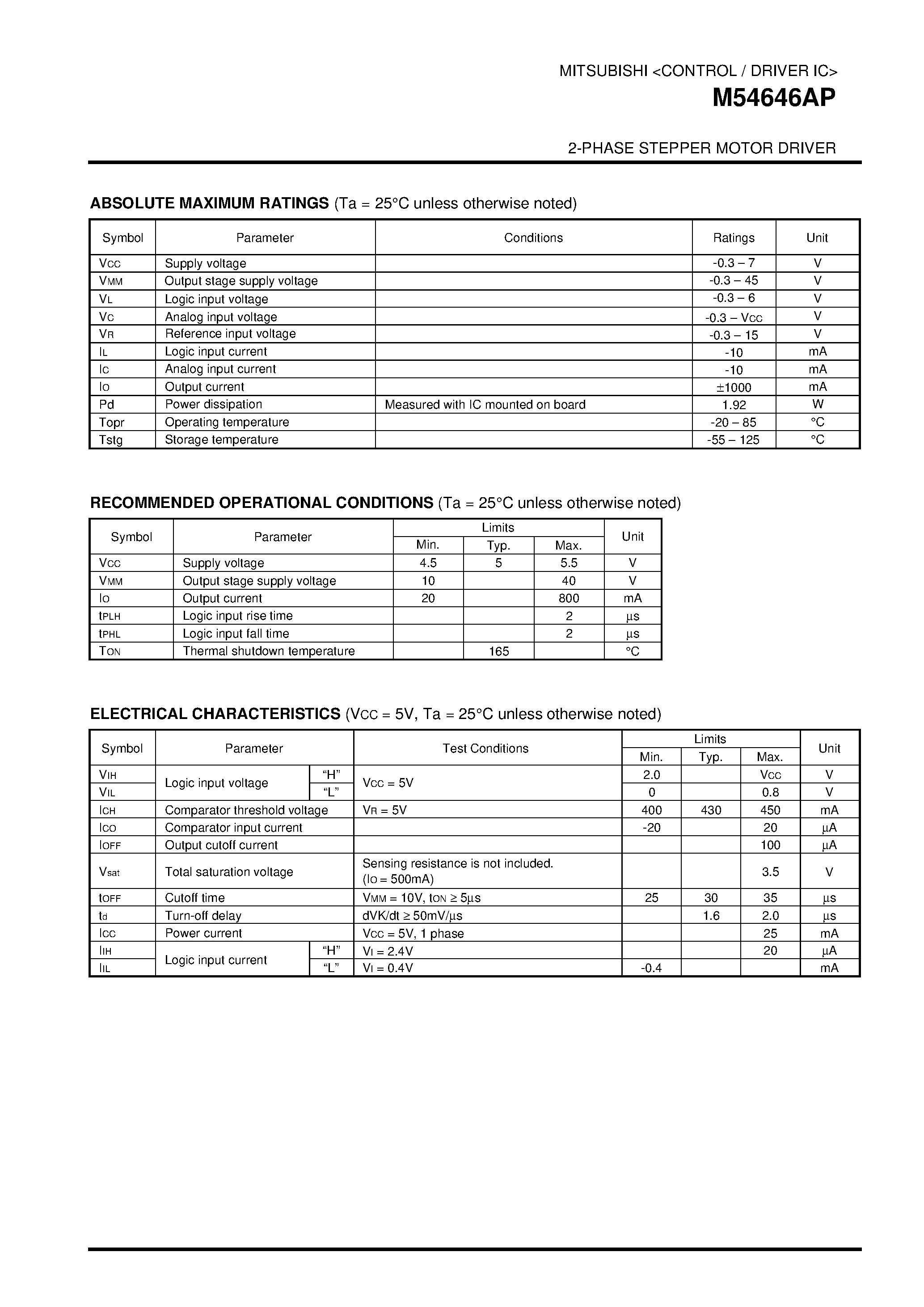 Даташит на микросхему M54646AP страница 2 Даташит M54646AP - 2-PHASE STEPPER MOTOR DRIVER страница 2