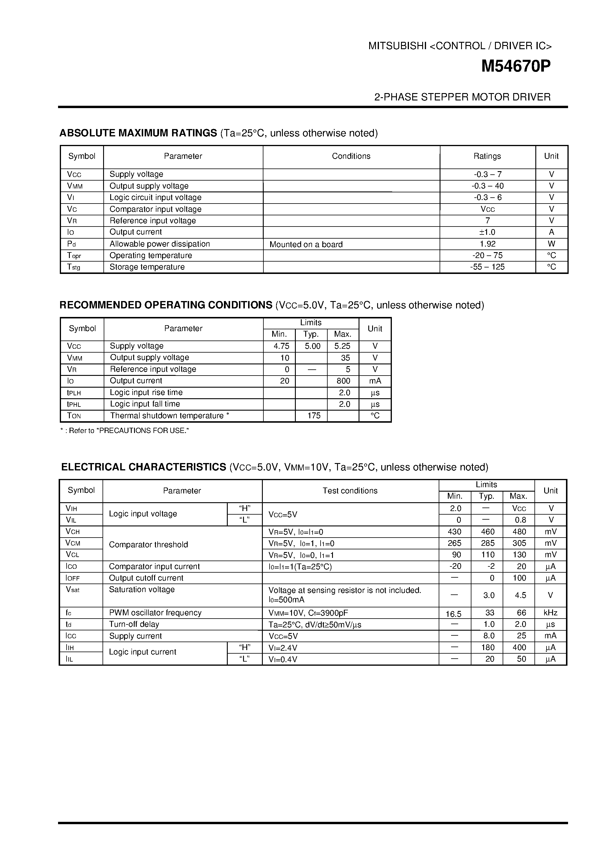 Datasheet M54670 page 2 Datasheet M54670 - 2-PHASE STEPPER MOTOR DRIVER page 2