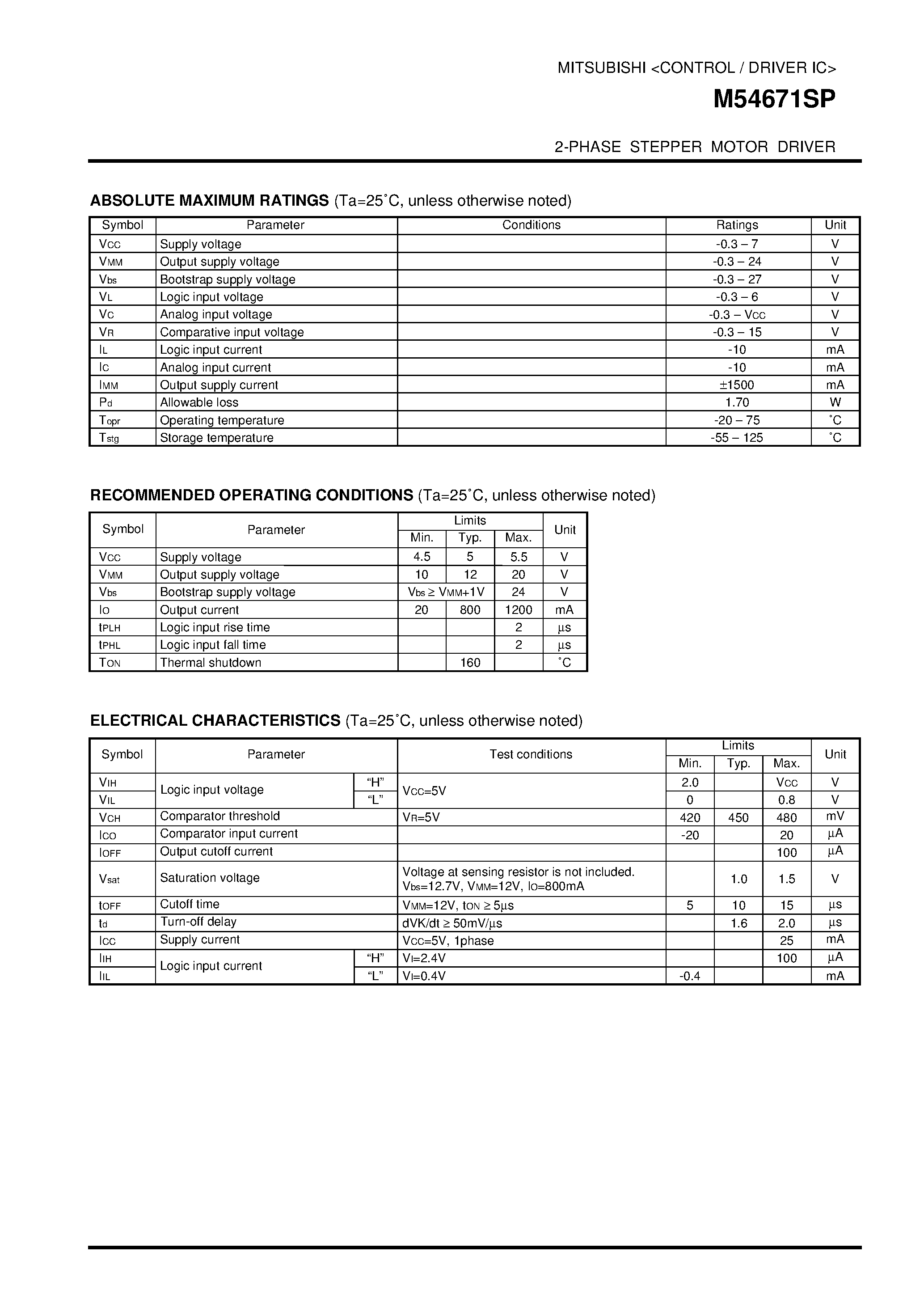 Datasheet M54671SP - 2-PHASE STEPPER MOTOR DRIVER page 2