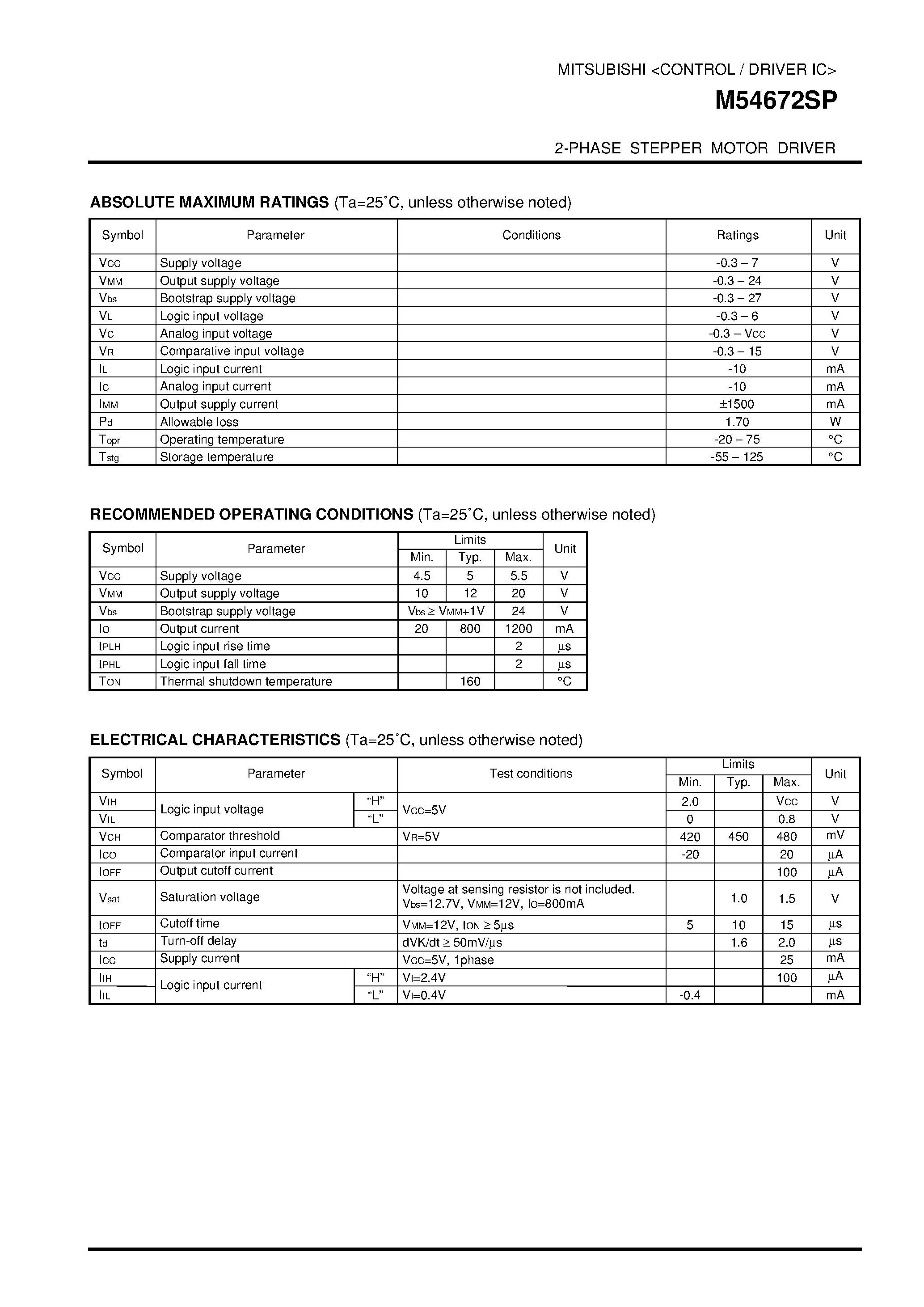 Datasheet M54672SP - 2-PHASE STEPPER MOTOR DRIVER page 2