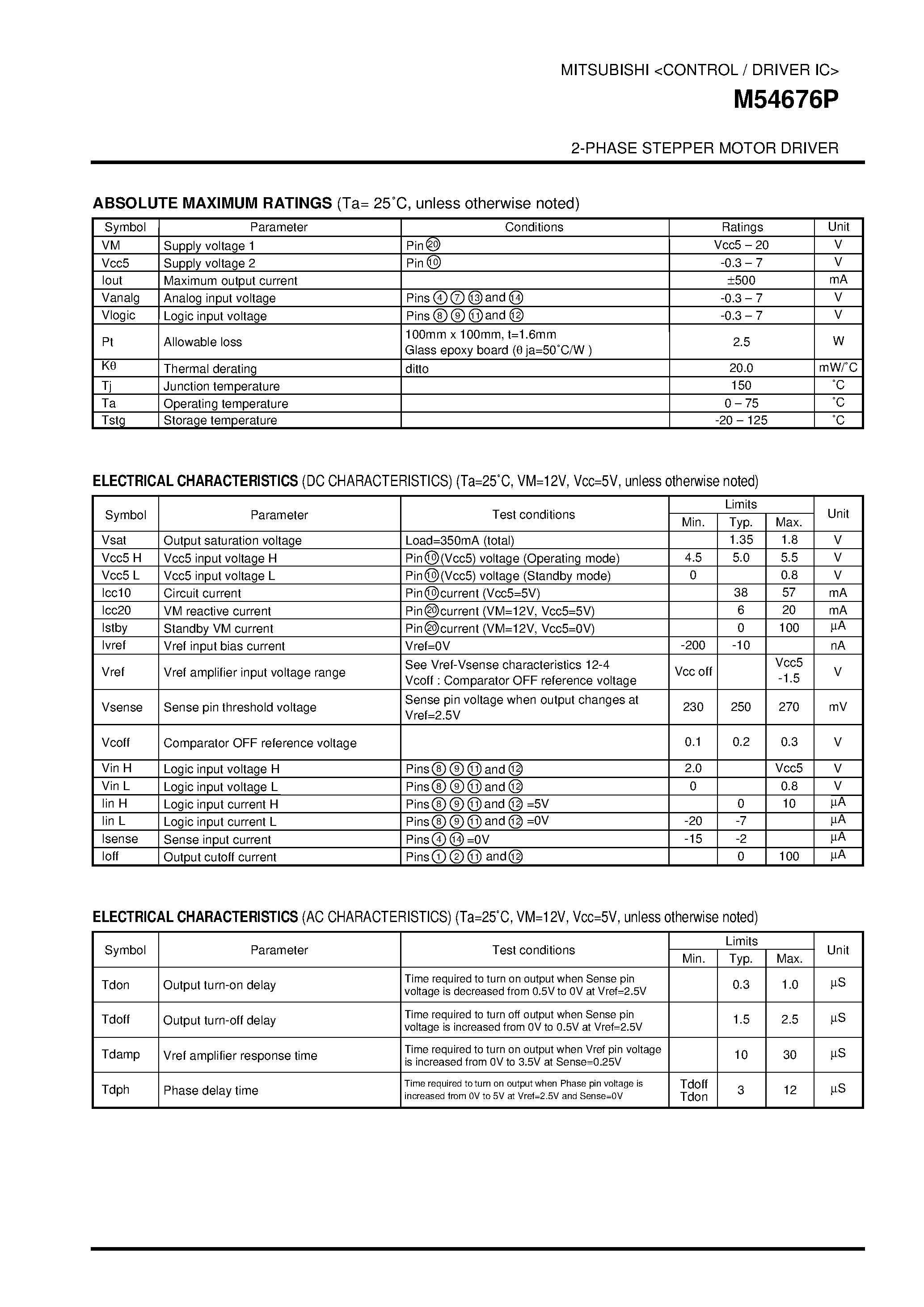 Datasheet M54676 - 2-PHASE STEPPER MOTOR DRIVER page 2