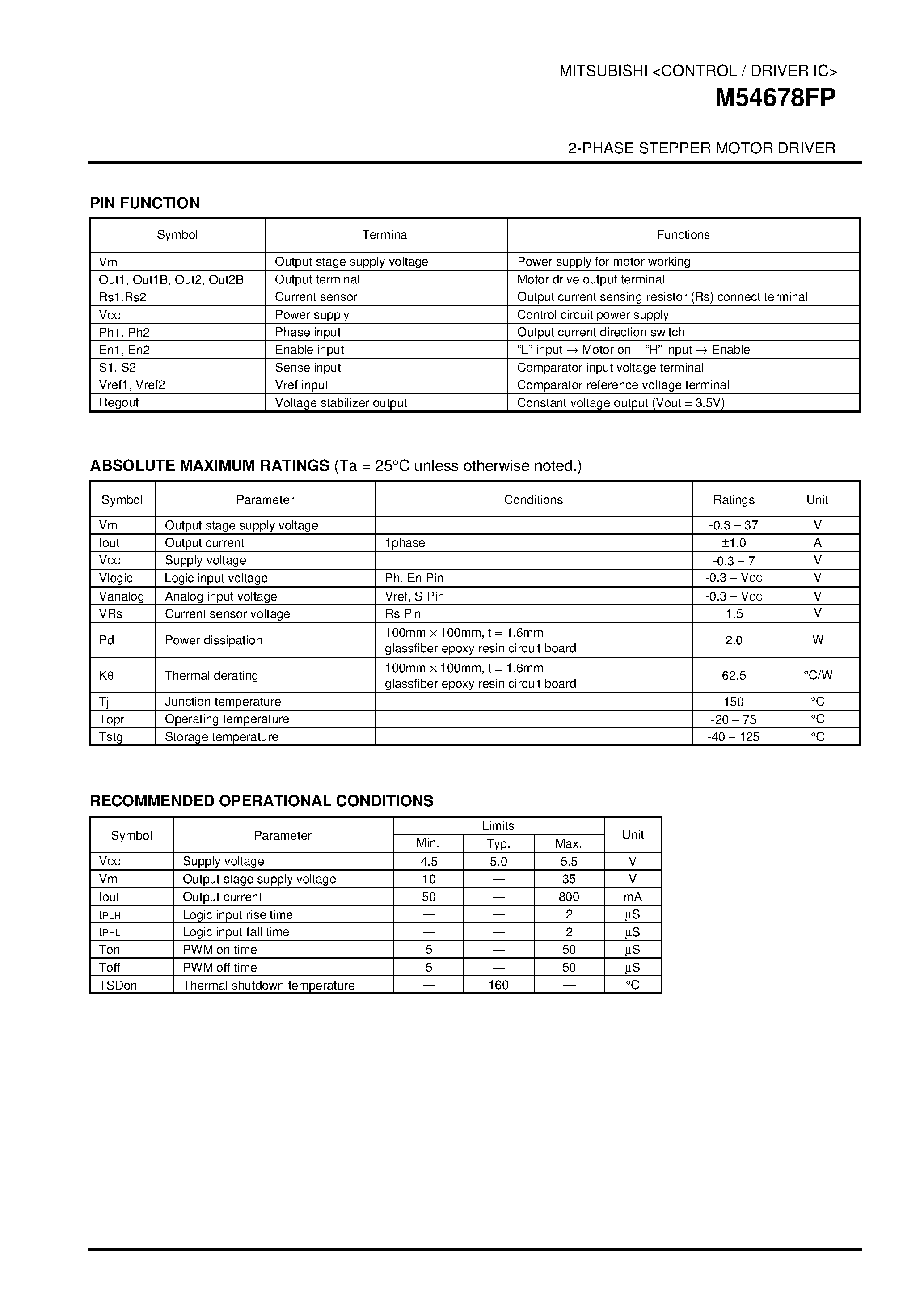 Datasheet M54678FP - 2-PHASE STEPPER MOTOR DRIVER page 2