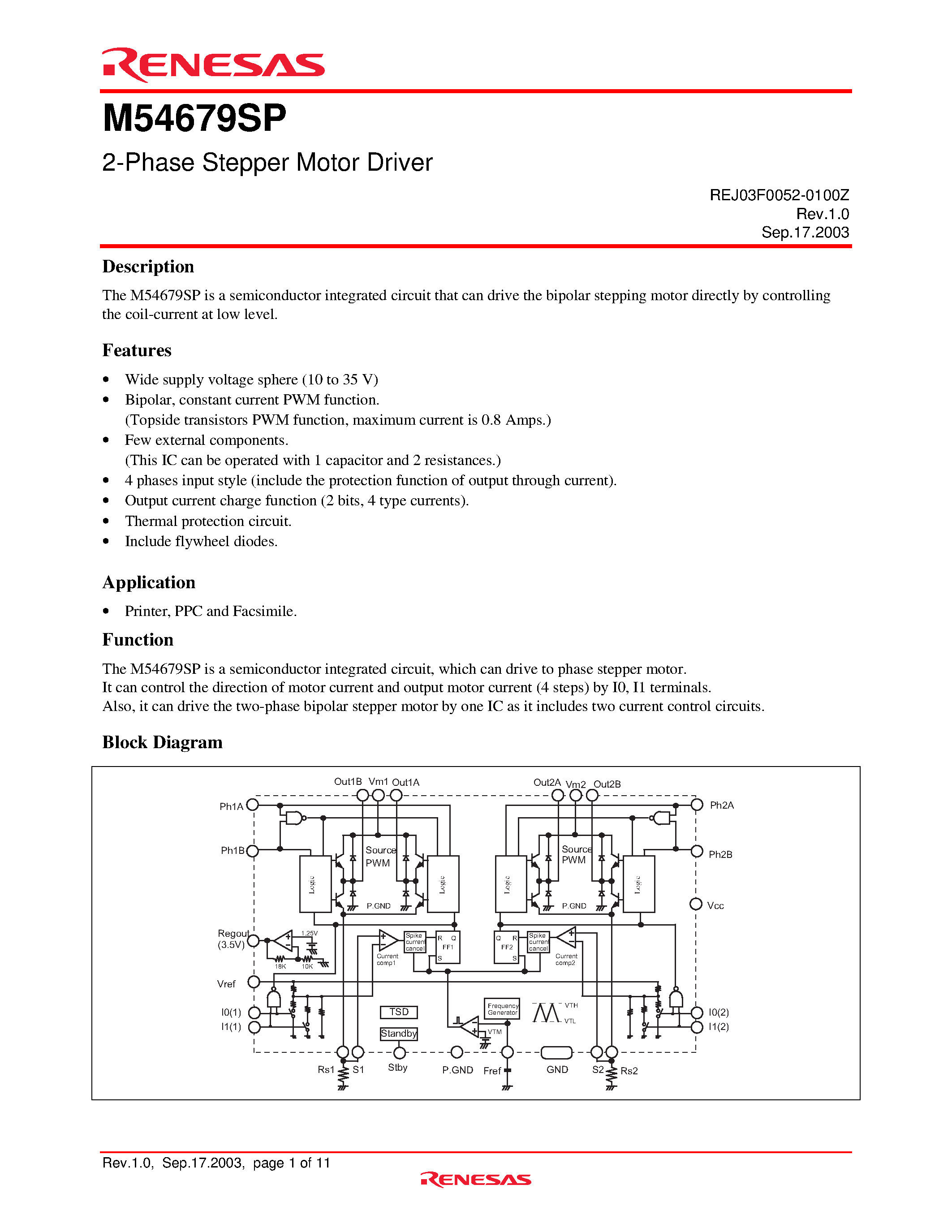 Datasheet M54679SP - 2-Phase Stepper Motor Driver page 1