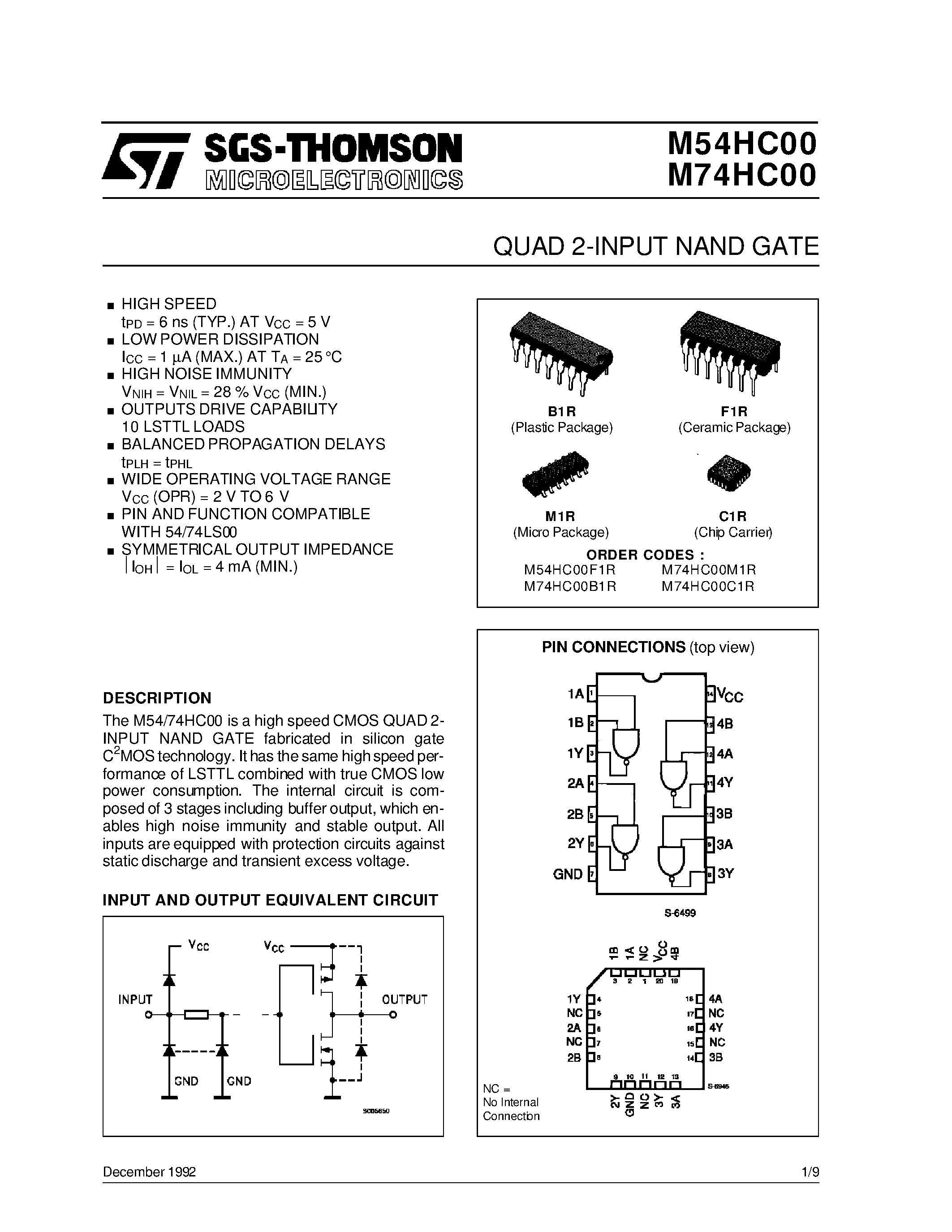 Datasheet M54HC00 - QUAD 2-INPUT NAND GATE page 1