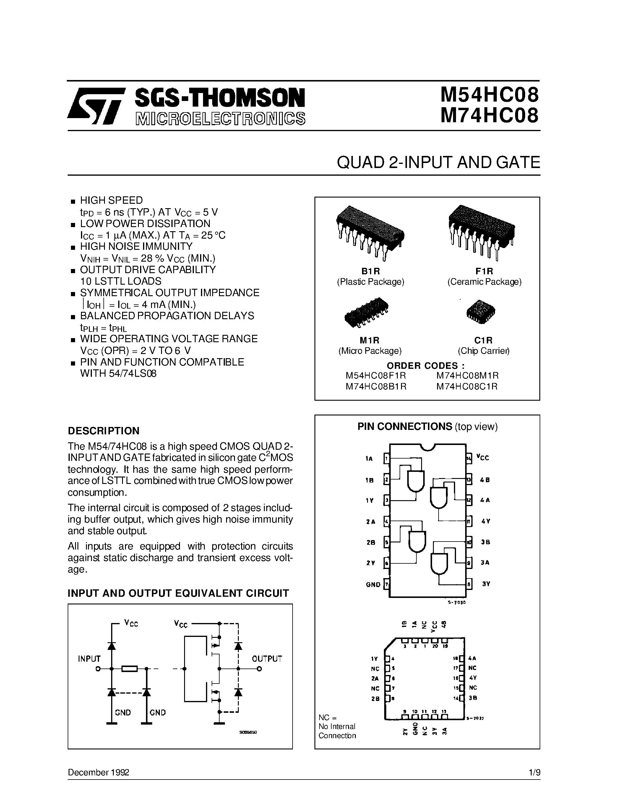 Datasheet M54HC08F1R - QUAD 2-INPUT AND GATE page 1