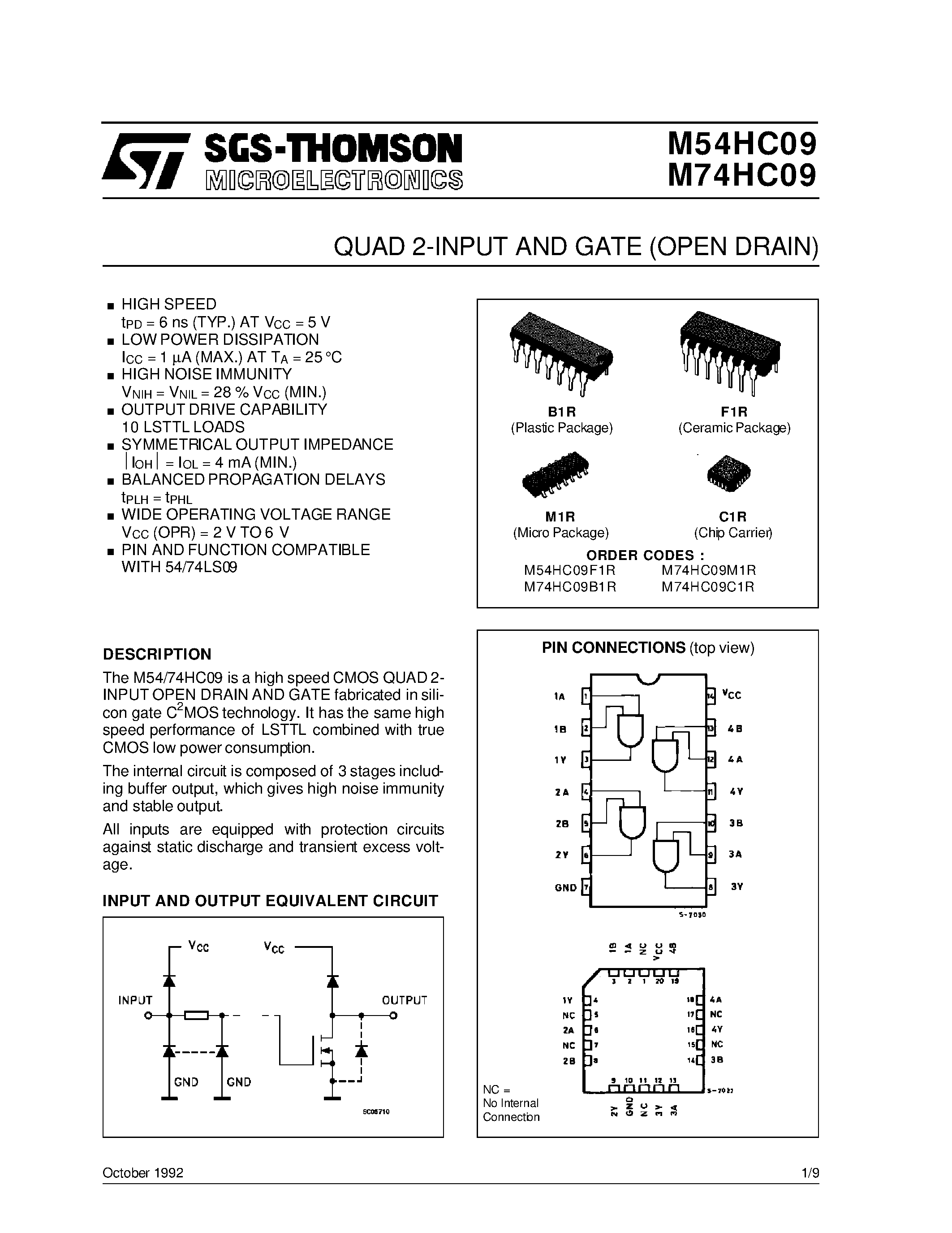 Datasheet M54HC09F1R - QUAD 2-INPUT AND GATE OPEN DRAIN page 1