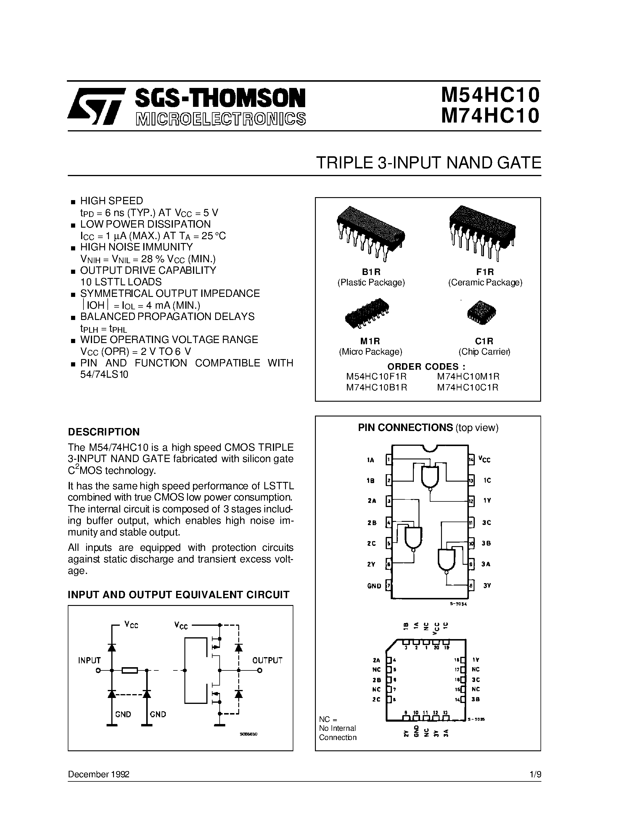 Datasheet M54HC10 - TRIPLE 3-INPUT NAND GATE page 1