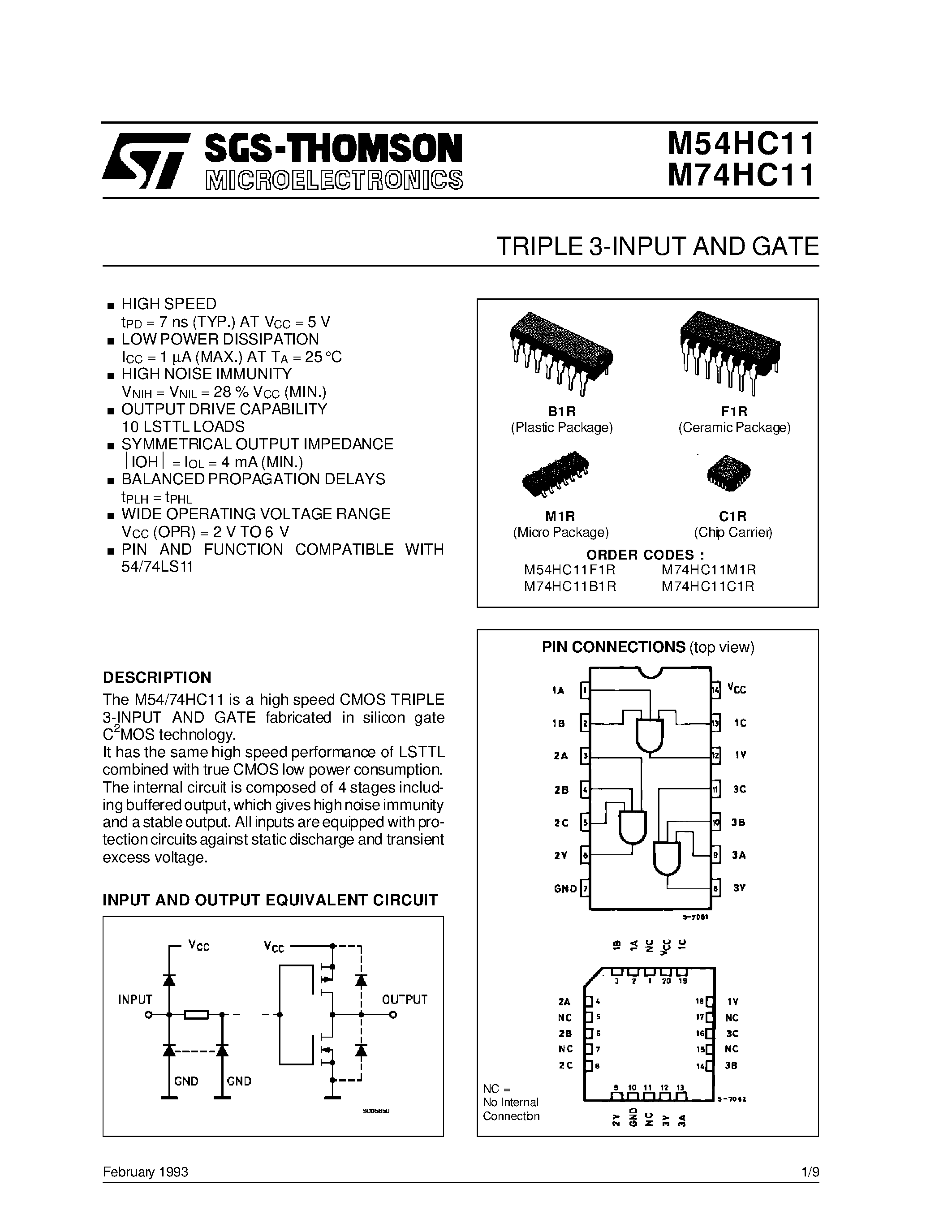 Datasheet M54HC11 - TRIPLE 3-INPUT AND GATE page 1