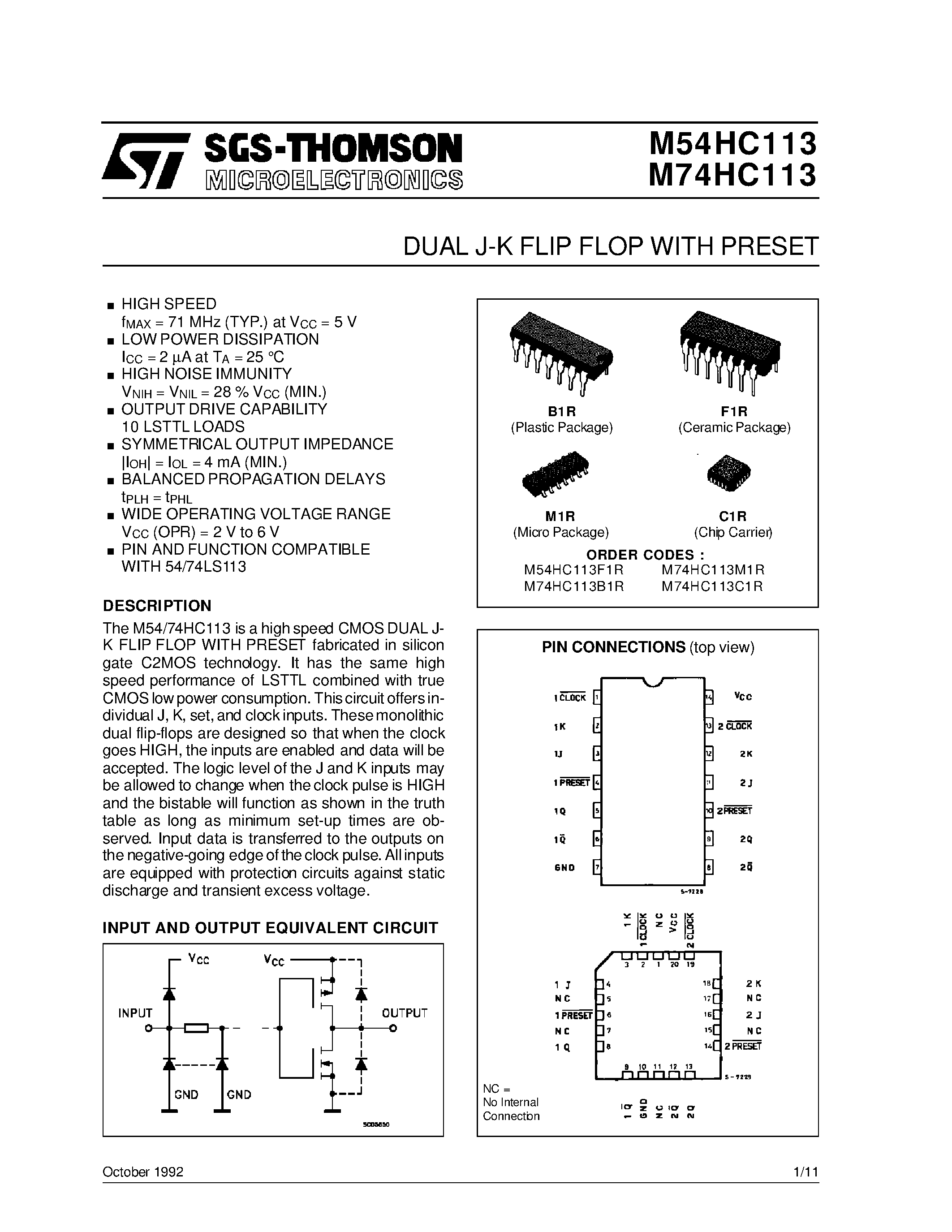 Datasheet M54HC113 - DUAL J-K FLIP FLOP WITH PRESET page 1