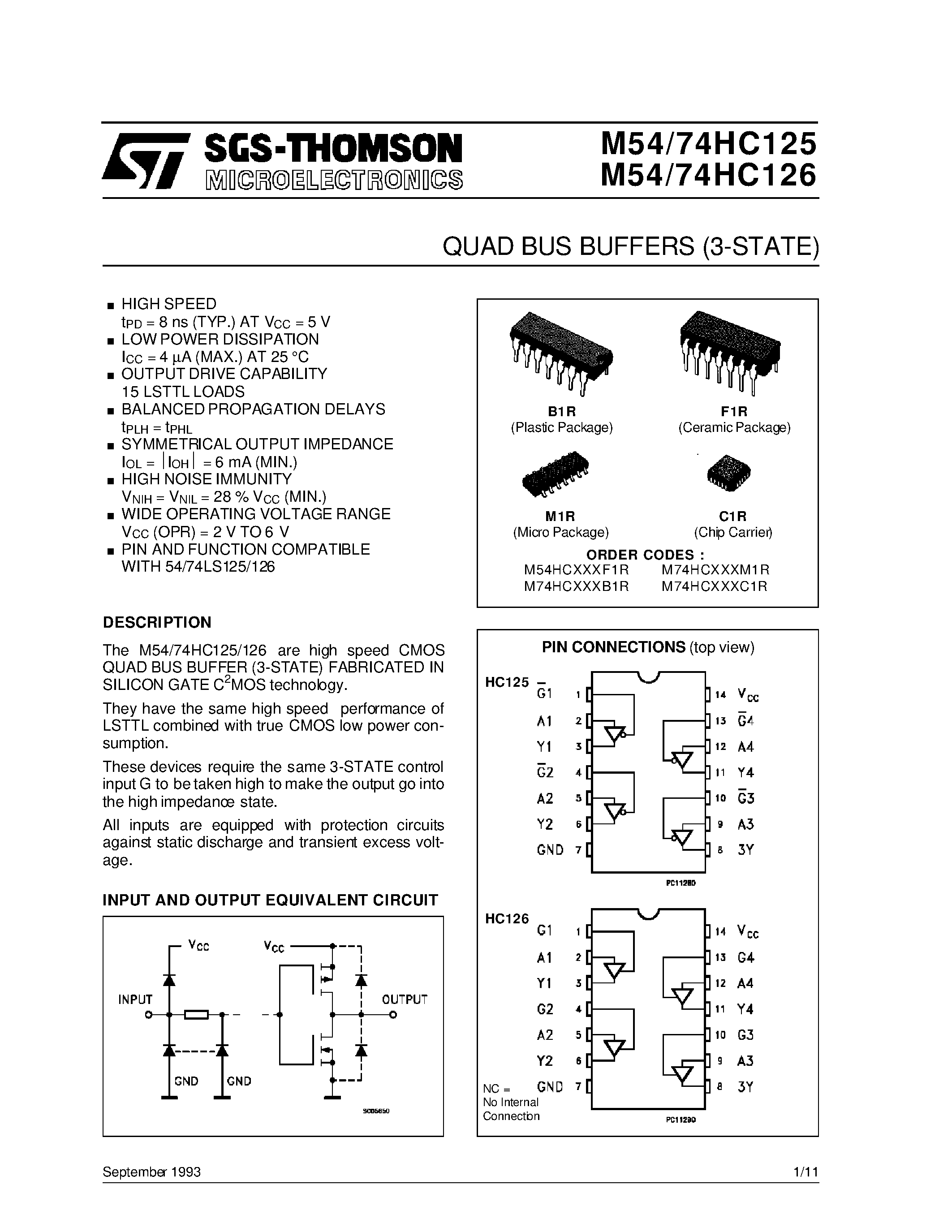 Datasheet M54HC125M1R - QUAD BUS BUFFERS 3-STATE page 1