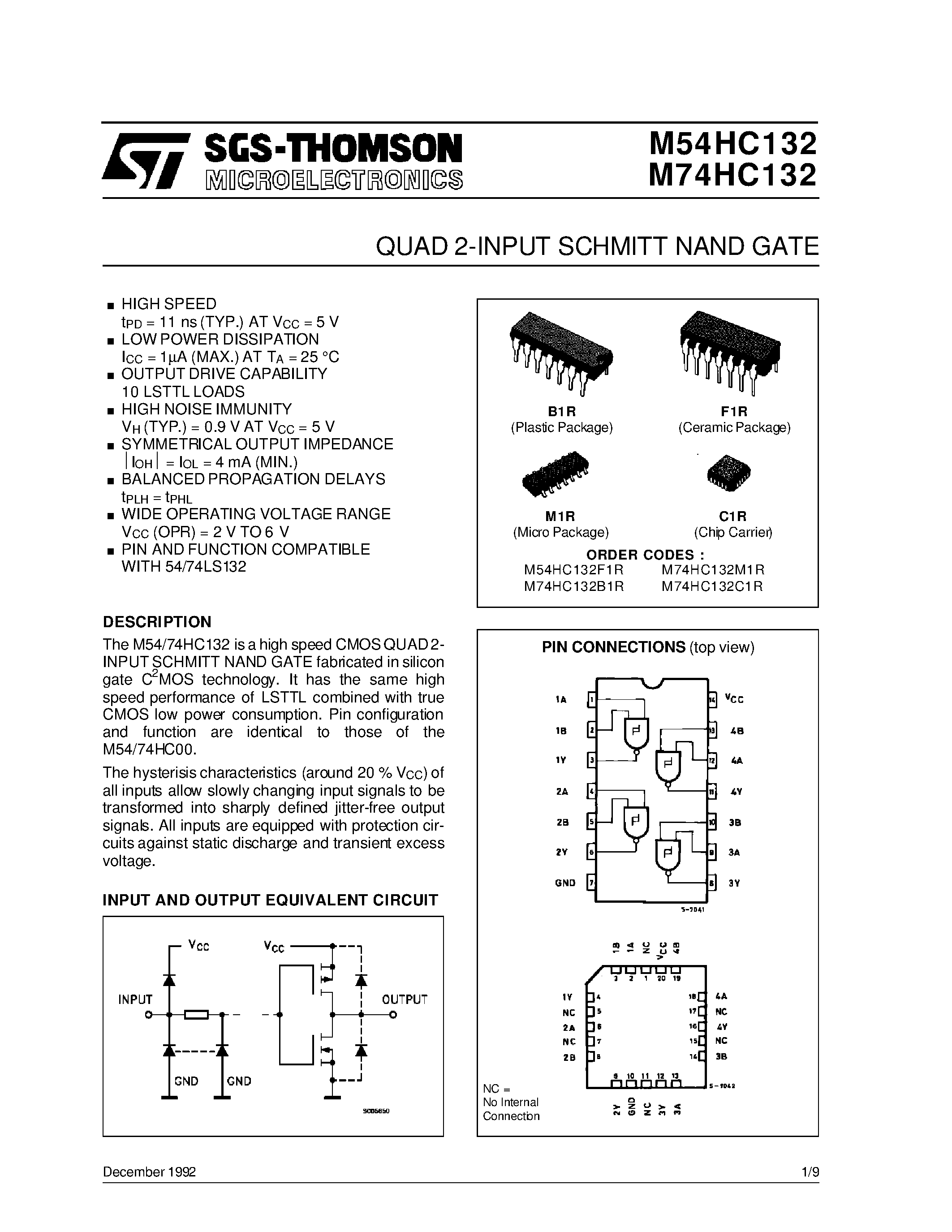 Datasheet M54HC132F1R - QUAD 2-INPUT SCHMITT NAND GATE page 1