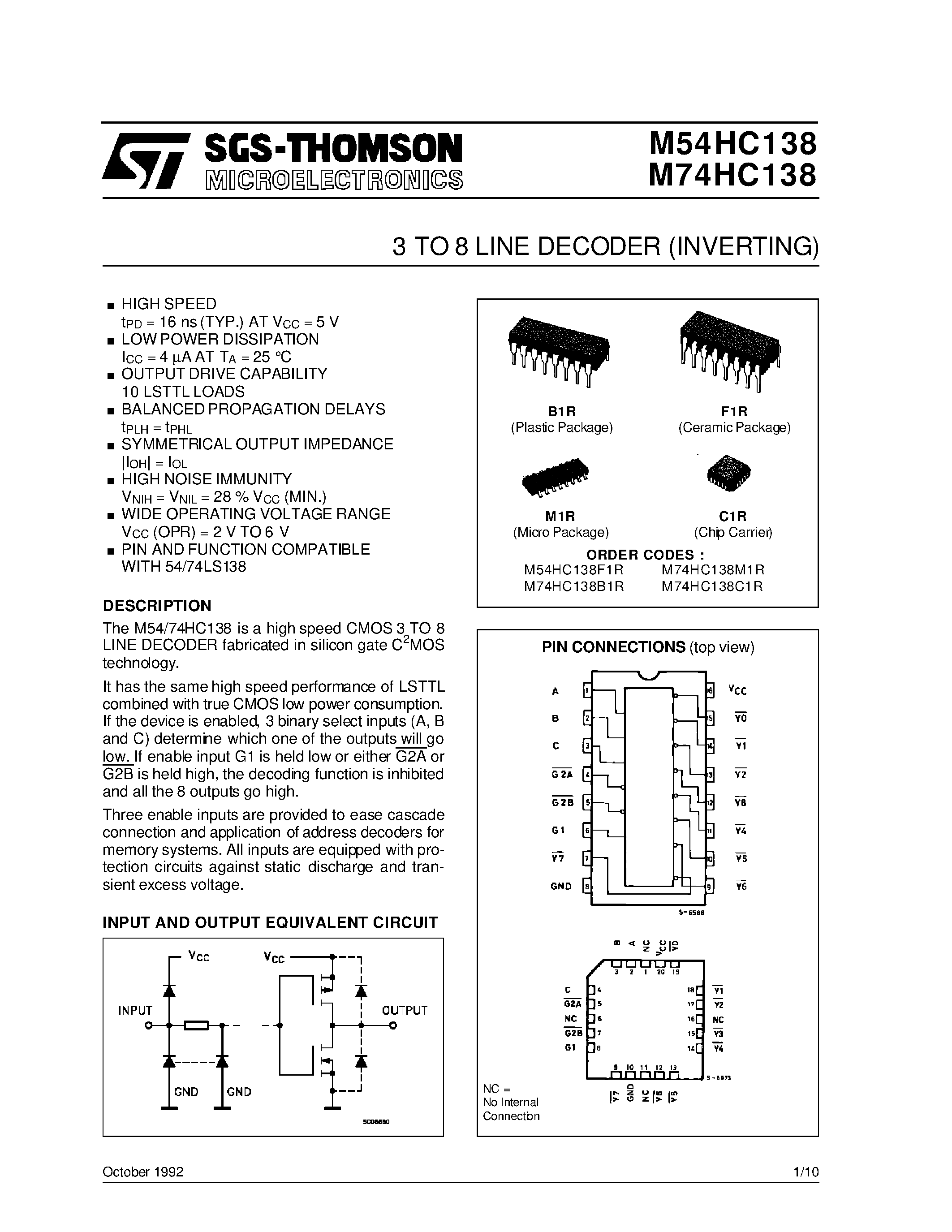 Datasheet M54HC138 - 3 TO 8 LINE DECODER INVERTING page 1