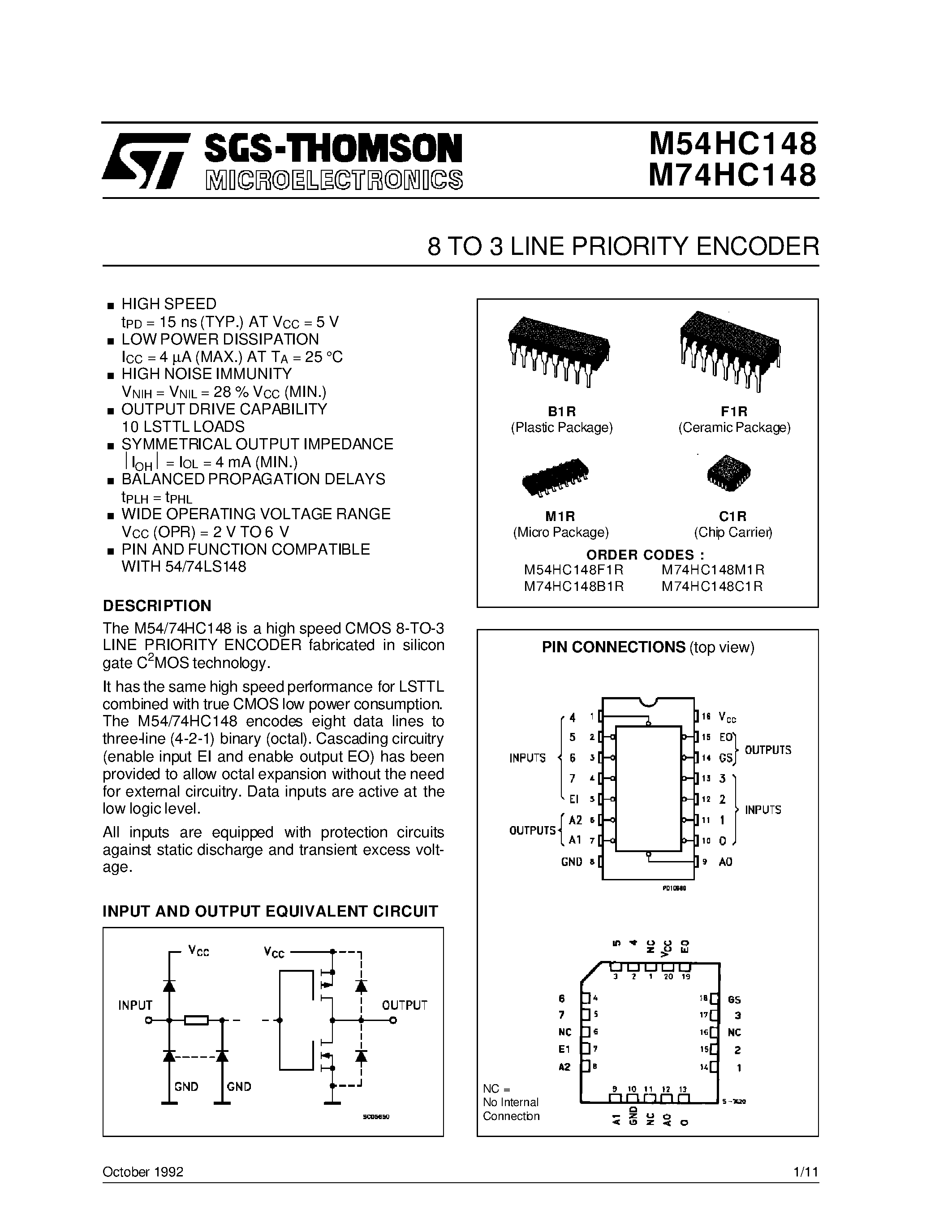 Datasheet M54HC148 - 8 TO 3 LINE PRIORITY ENCODER page 1
