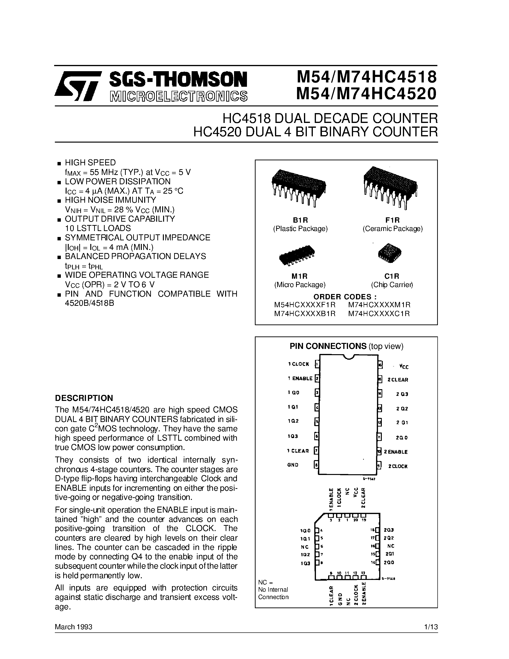 Datasheet M54HC1520B1R - HC4518 DUAL DECADE COUNTER HC4520 DUAL 4 BIT BINARY COUNTER page 1