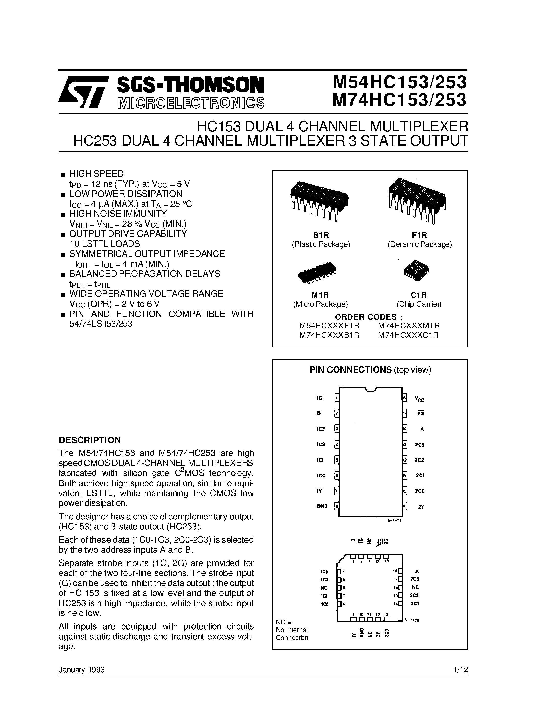 Datasheet M54HC153 - HC253 DUAL 4 CHANNEL MULTIPLEXER 3 STATE OUTPUT HC153 DUAL 4 CHANNEL MULTIPLEXER page 1