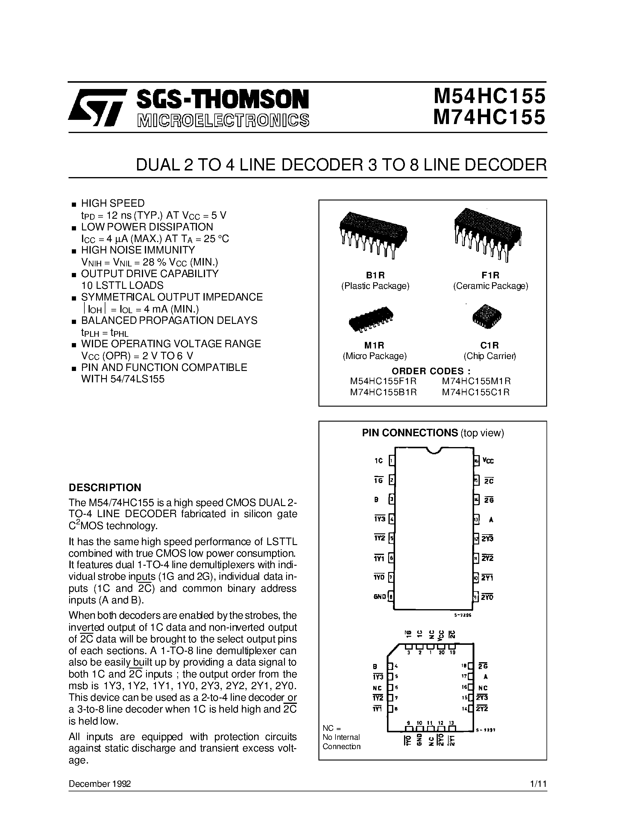 Datasheet M54HC155 - DUAL 2 TO 4 LINE DECODER 3 TO 8 LINE DECODER page 1