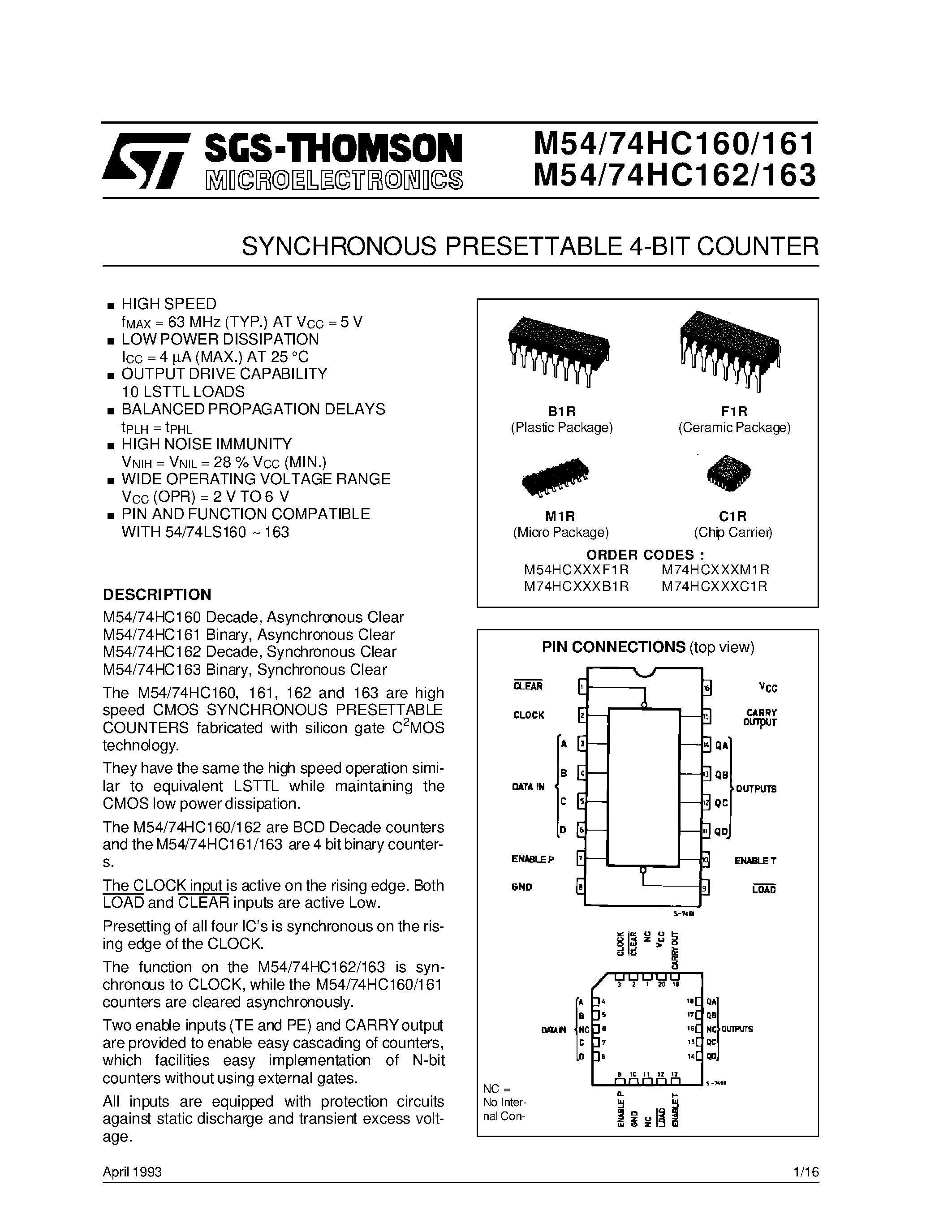Datasheet M54HC163F1R - SYNCHRONOUS PRESETTABLE 4-BIT COUNTER page 1