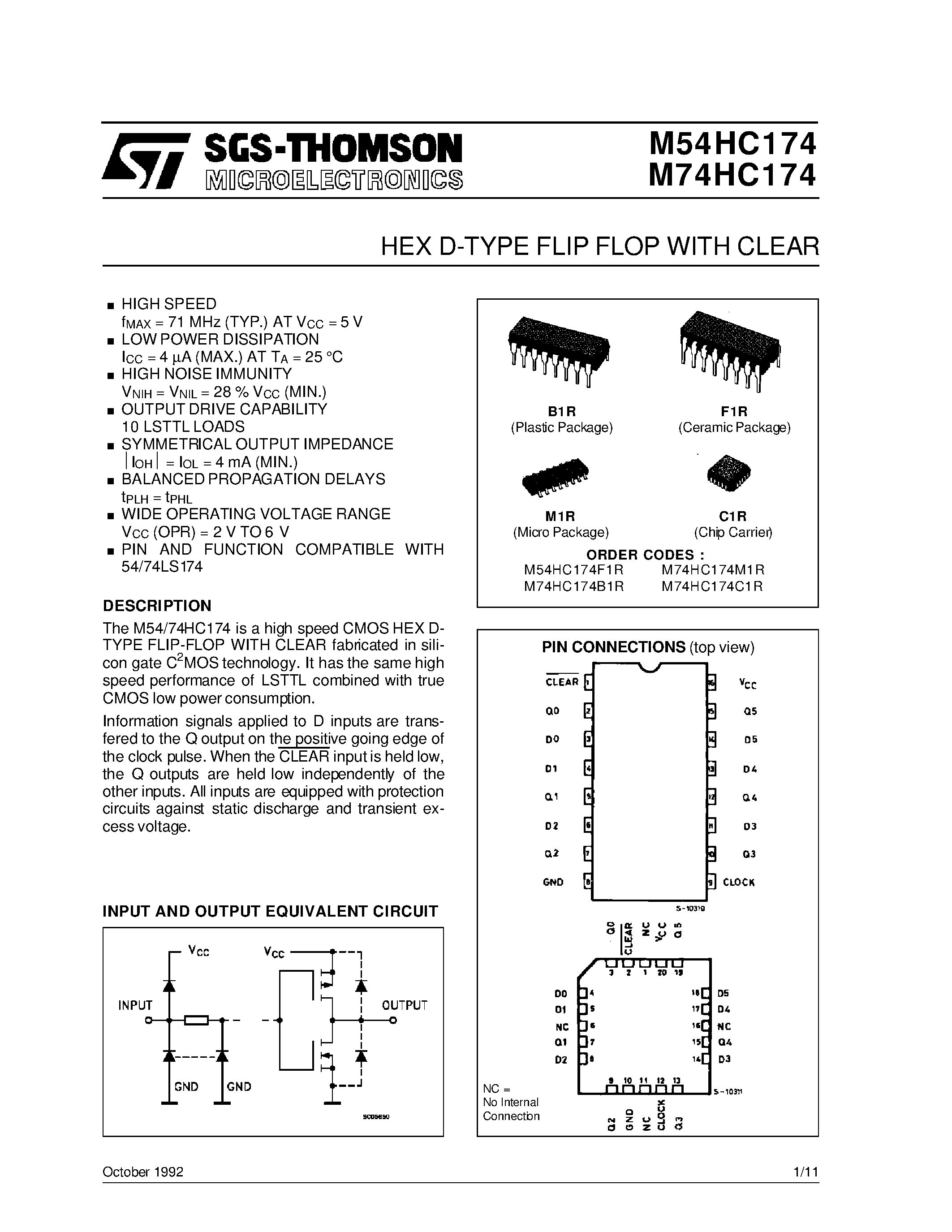 Datasheet M54HC174F1R - HEX D-TYPE FLIP FLOP WITH CLEAR page 1