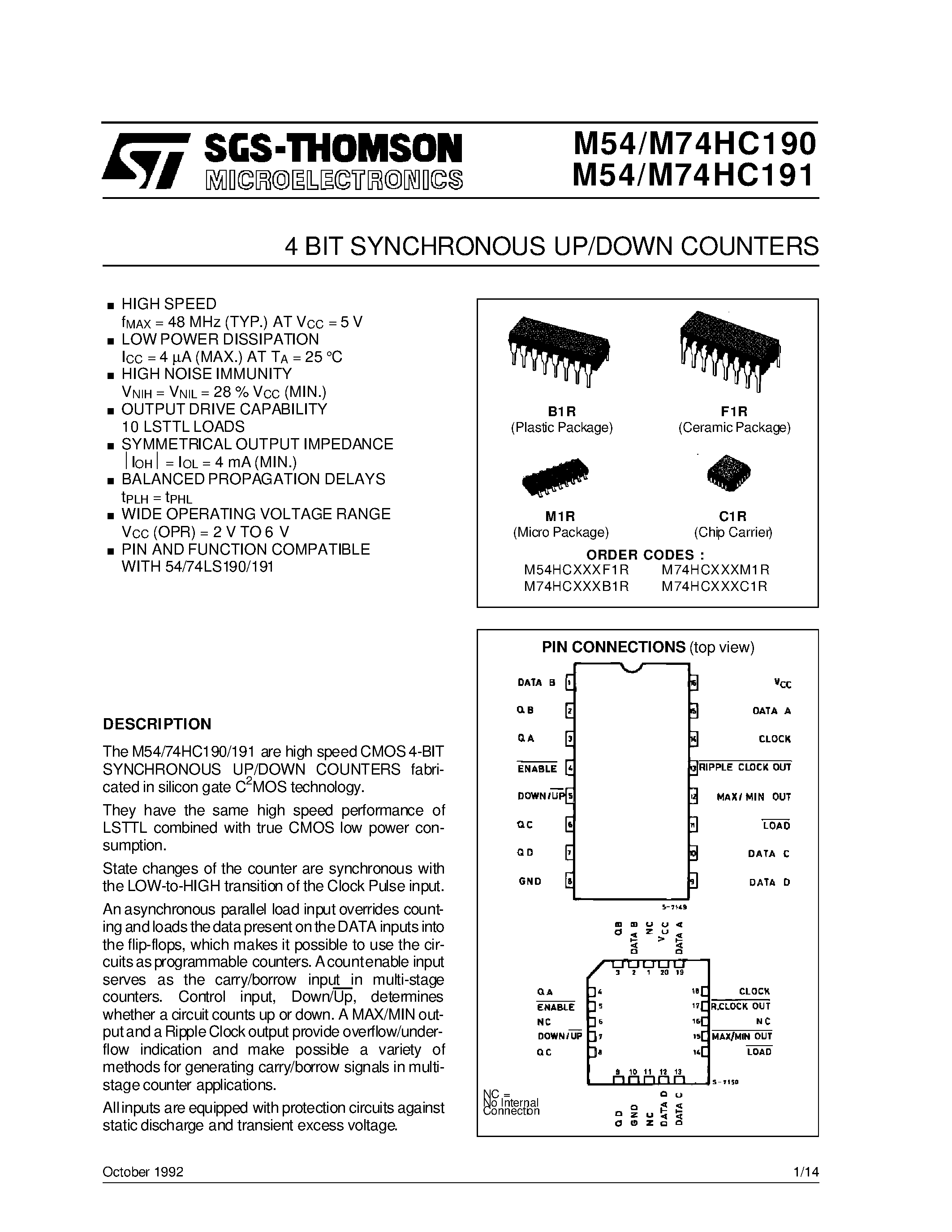 Datasheet M54HC191B1R - 4 BIT SYNCHRONOUS UP/DOWN COUNTERS page 1