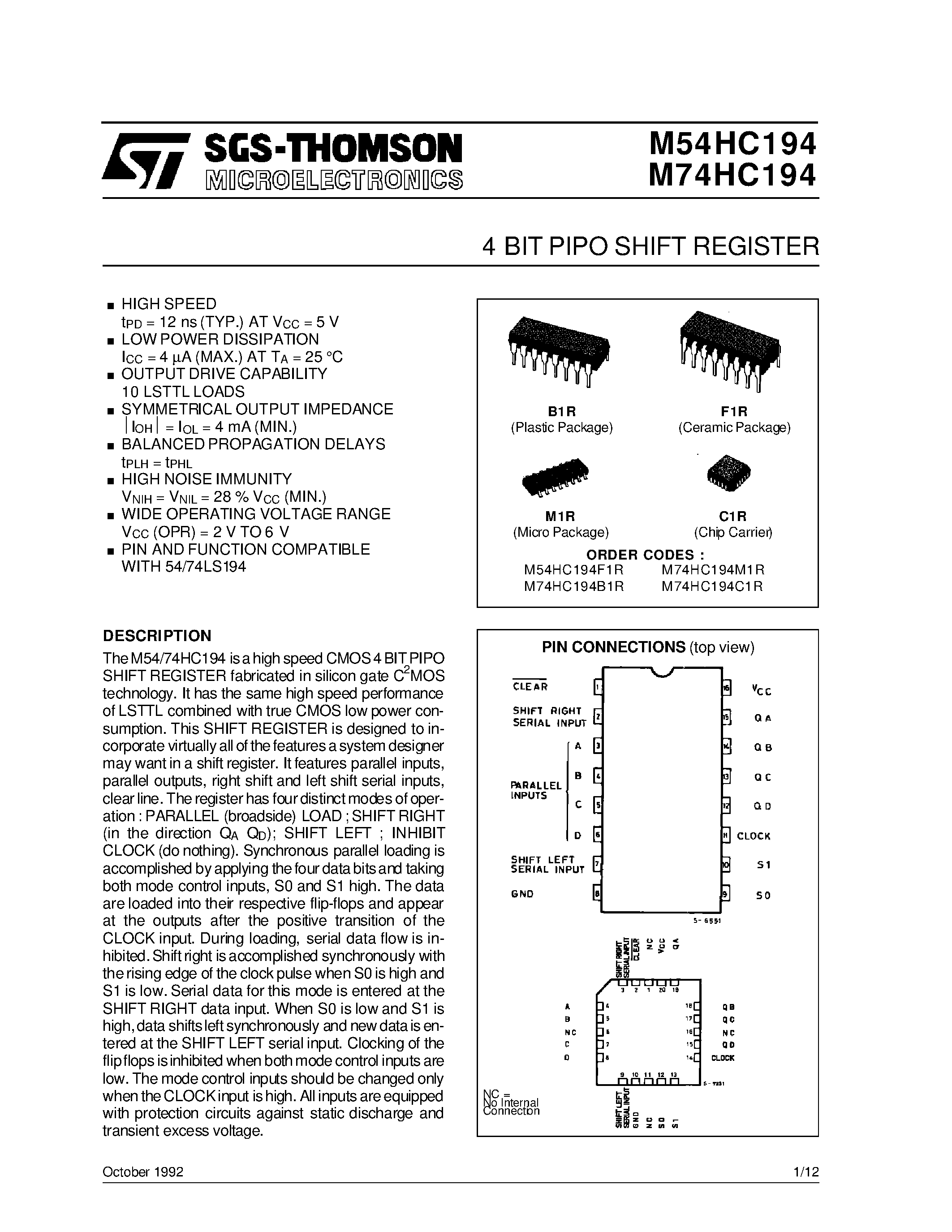 Datasheet M54HC194F1R - 4 BIT PIPO SHIFT REGISTER page 1