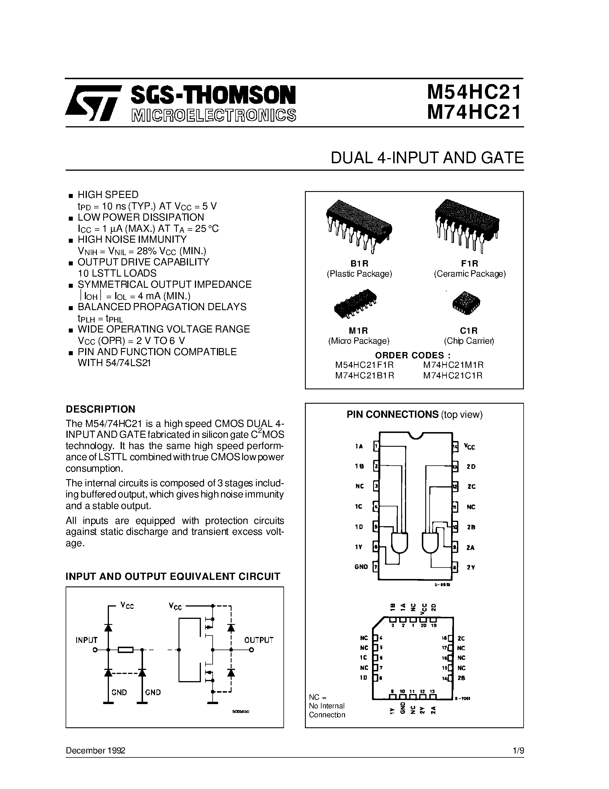 Datasheet M54HC21F1R - DUAL 4-INPUT AND GATE page 1