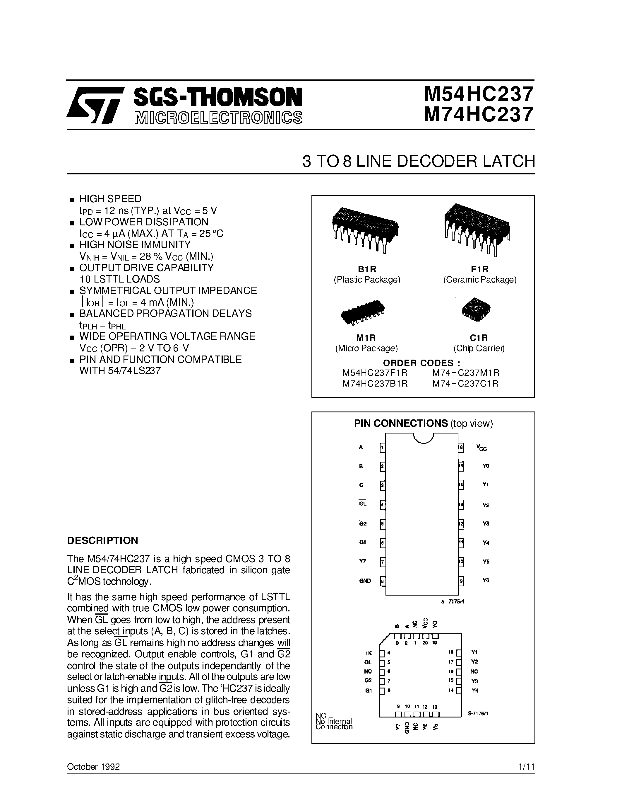 Datasheet M54HC237F1R - 3 TO 8 LINE DECODER LATCH page 1