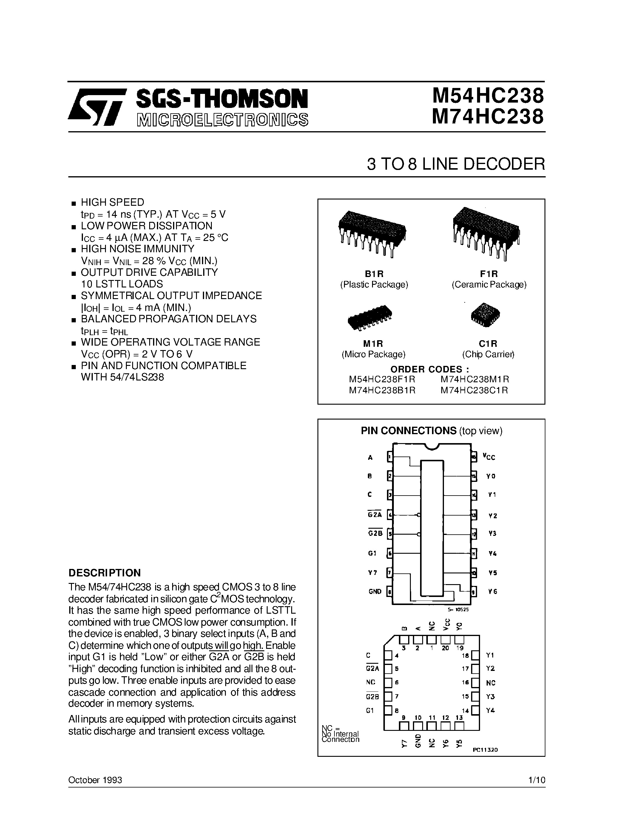 Datasheet M54HC238 - 3 TO 8 LINE DECODER page 1