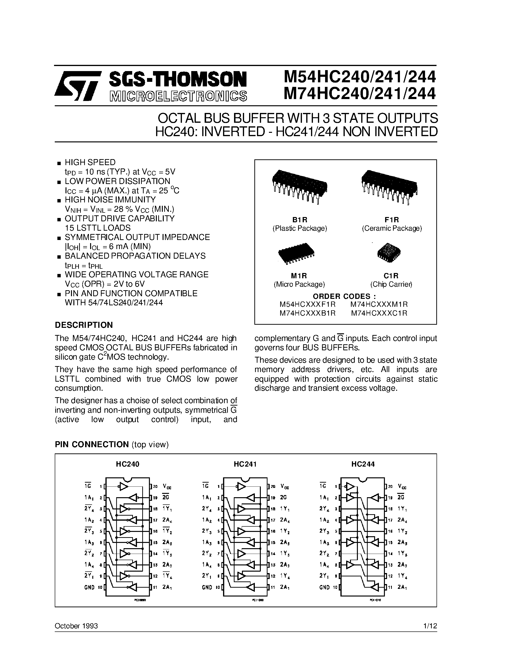 Datasheet M54HC240B1R - HC240: INVERTED - HC241/244 NON INVERTED OCTAL BUS BUFFER WITH 3 STATE OUTPUTS page 1