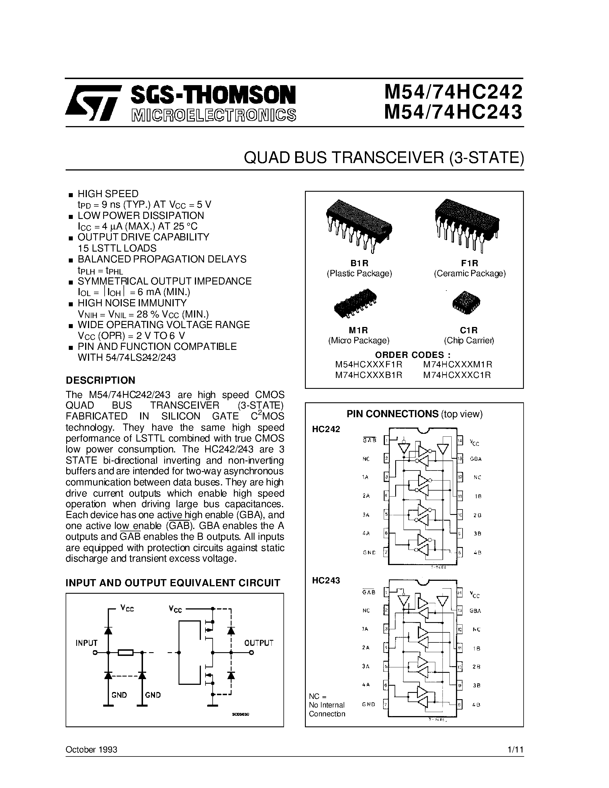 Datasheet M54HC243 - QUAD BUS TRANSCEIVER 3-STATE page 1