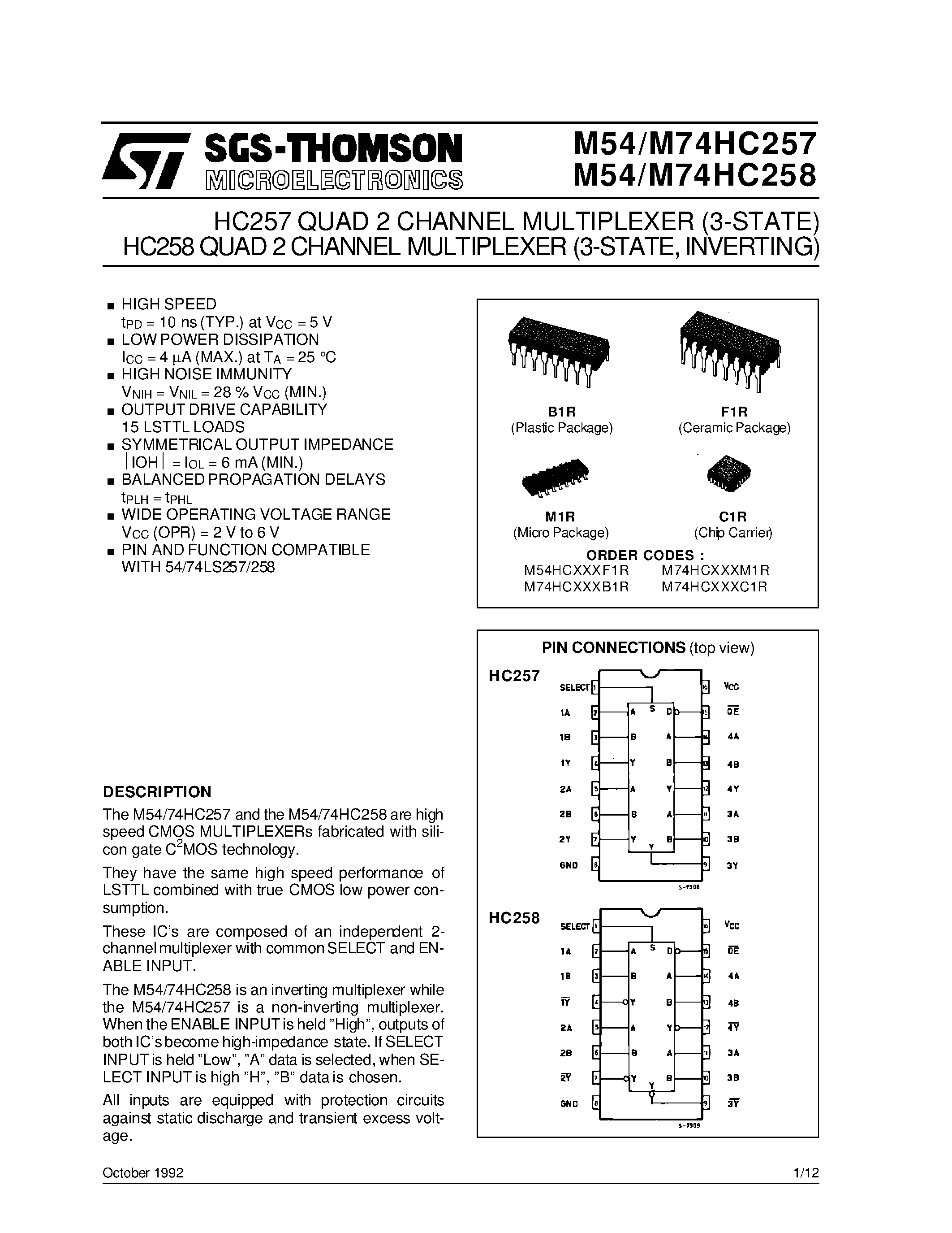 Datasheet M54HC257 - HC258QUAD 2CHANNEL MULTIPLEXER 3-STATE/ INVERTING HC257 QUAD 2 CHANNEL MULTIPLEXER 3-STATE page 1