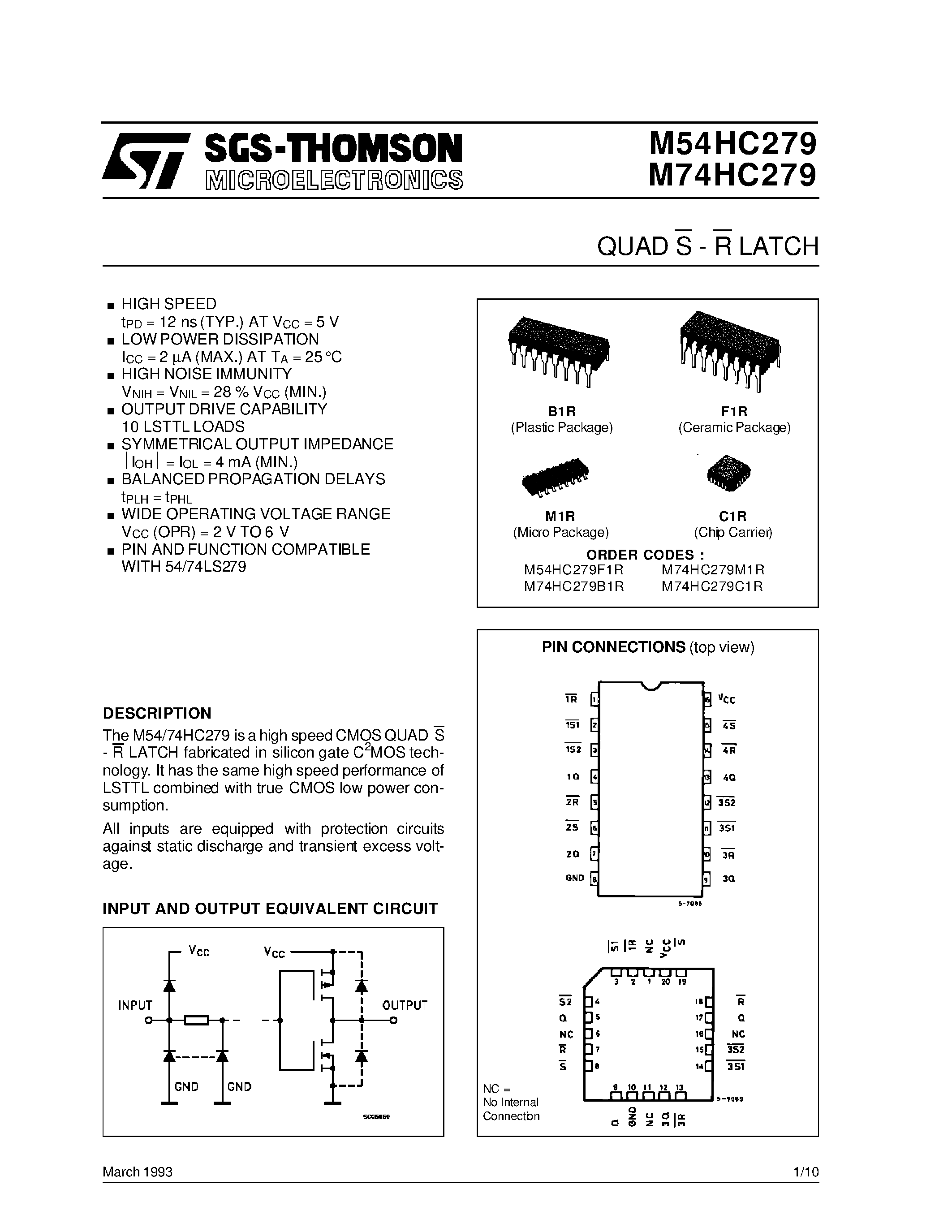 Datasheet M54HC279 page 1 Datasheet M54HC279 - QUAD S - R LATCH page 1