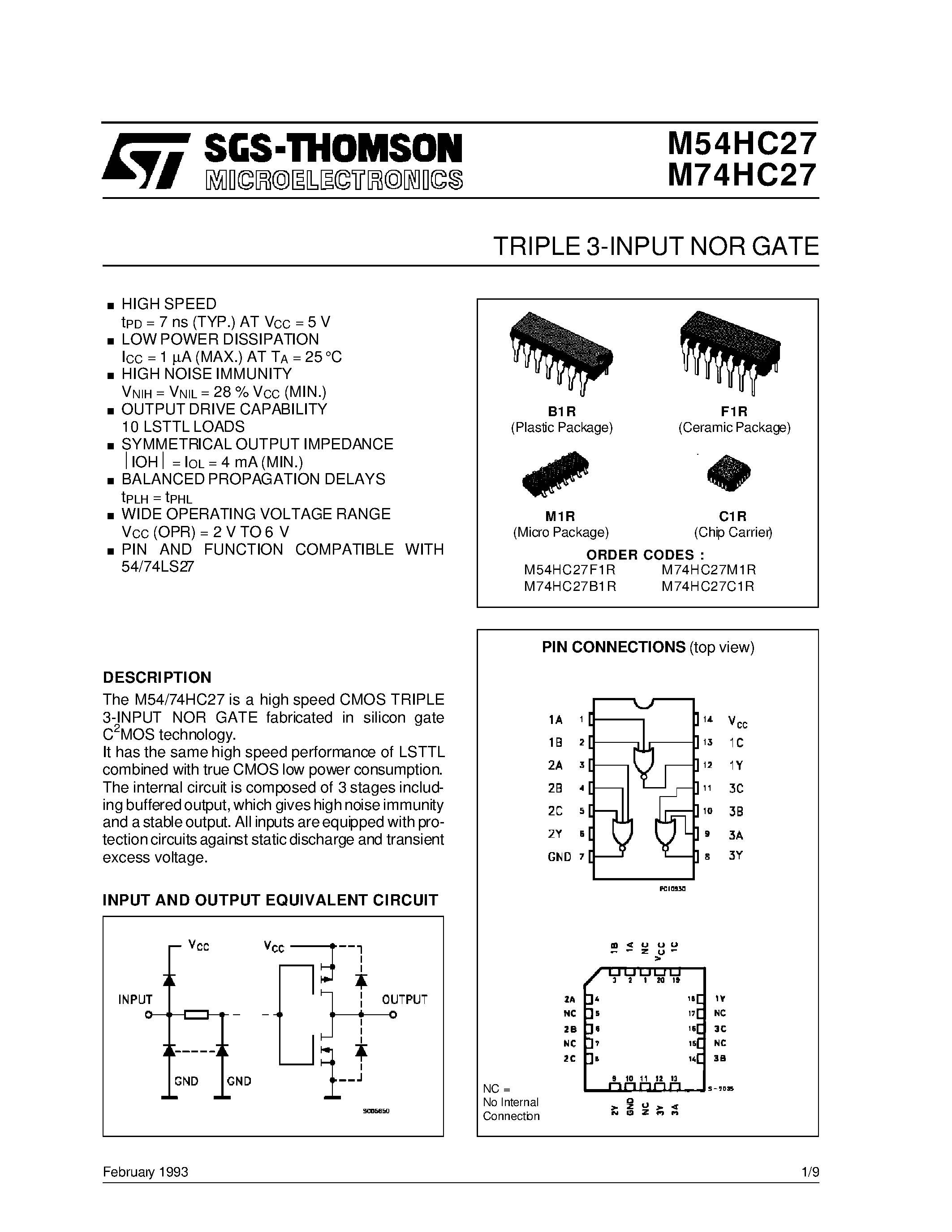 Datasheet M54HC27F1R - TRIPLE 3-INPUT NOR GATE page 1