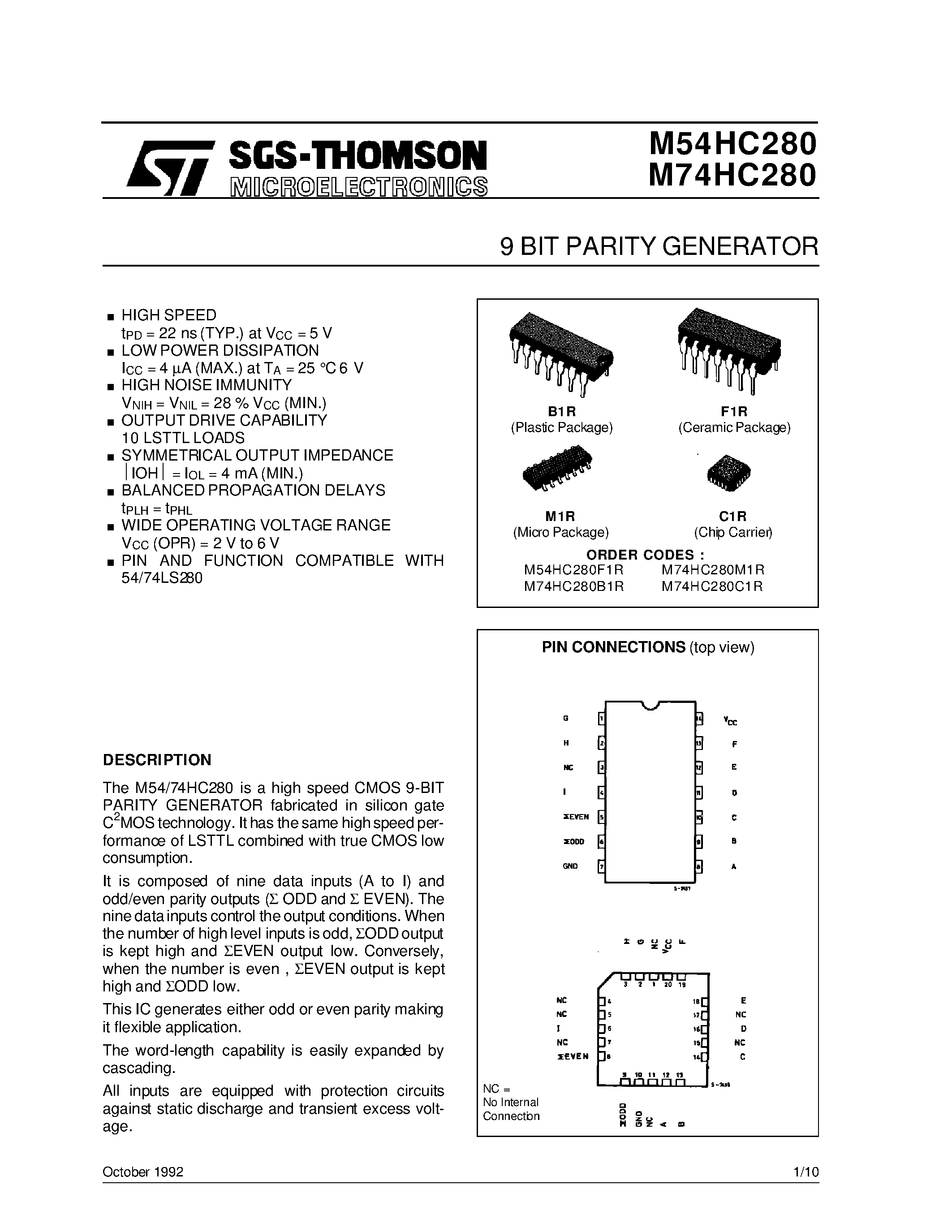 Datasheet M54HC280 - 9 BIT PARITY GENERATOR page 1