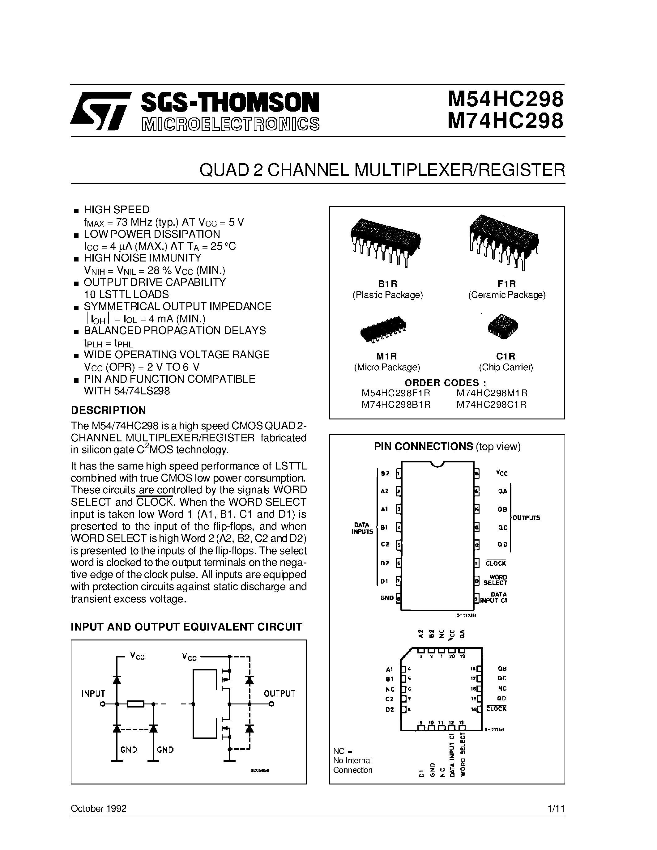 Datasheet M54HC298 - QUAD 2 CHANNEL MULTIPLEXER/REGISTER page 1