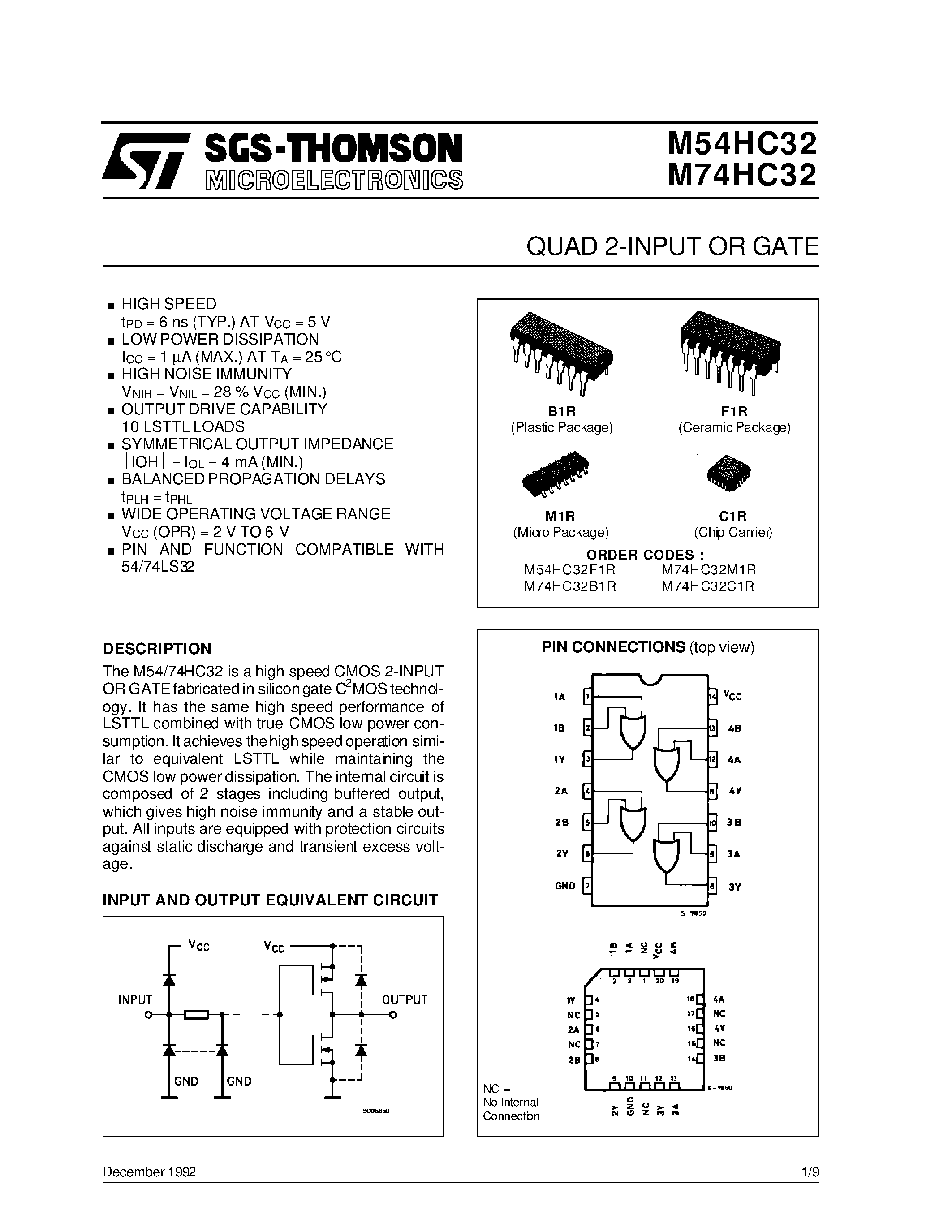 Datasheet M54HC32F1R - QUAD 2-INPUT OR GATE page 1