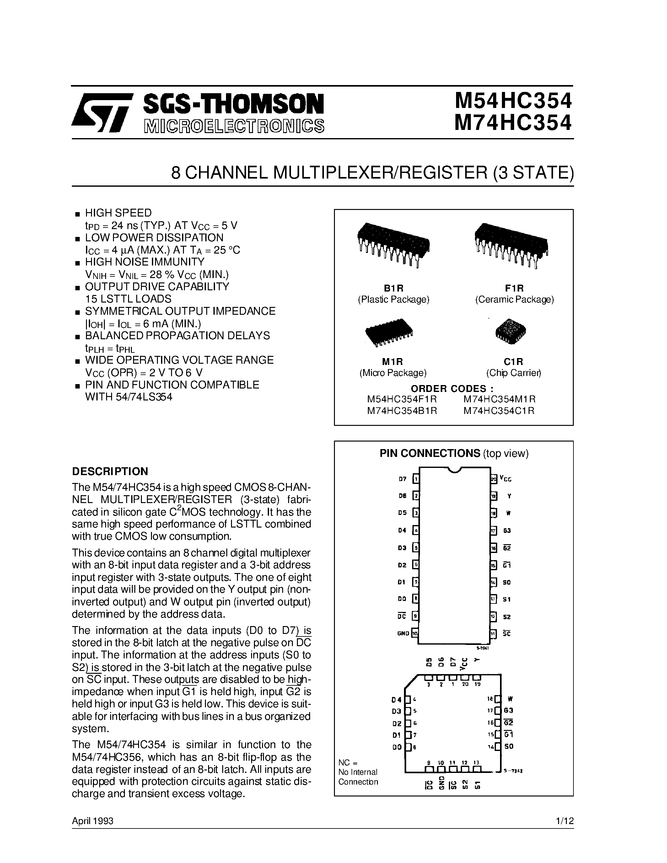 Datasheet M54HC354 - 8 CHANNEL MULTIPLEXER/REGISTER 3 STATE page 1