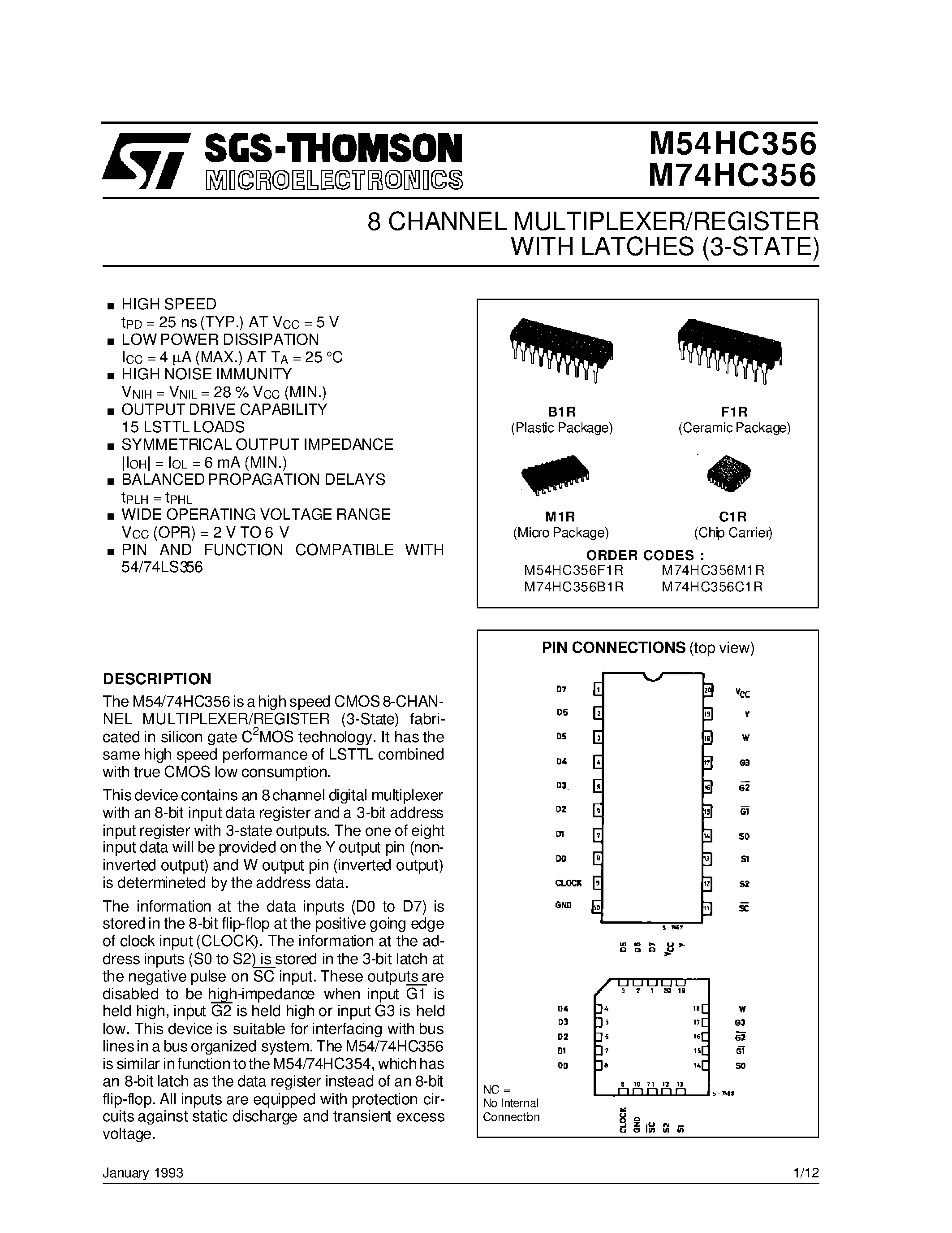 Datasheet M54HC356 - WITH LATCHES 3-STATE 8 CHANNEL MULTIPLEXER/REGISTER page 1