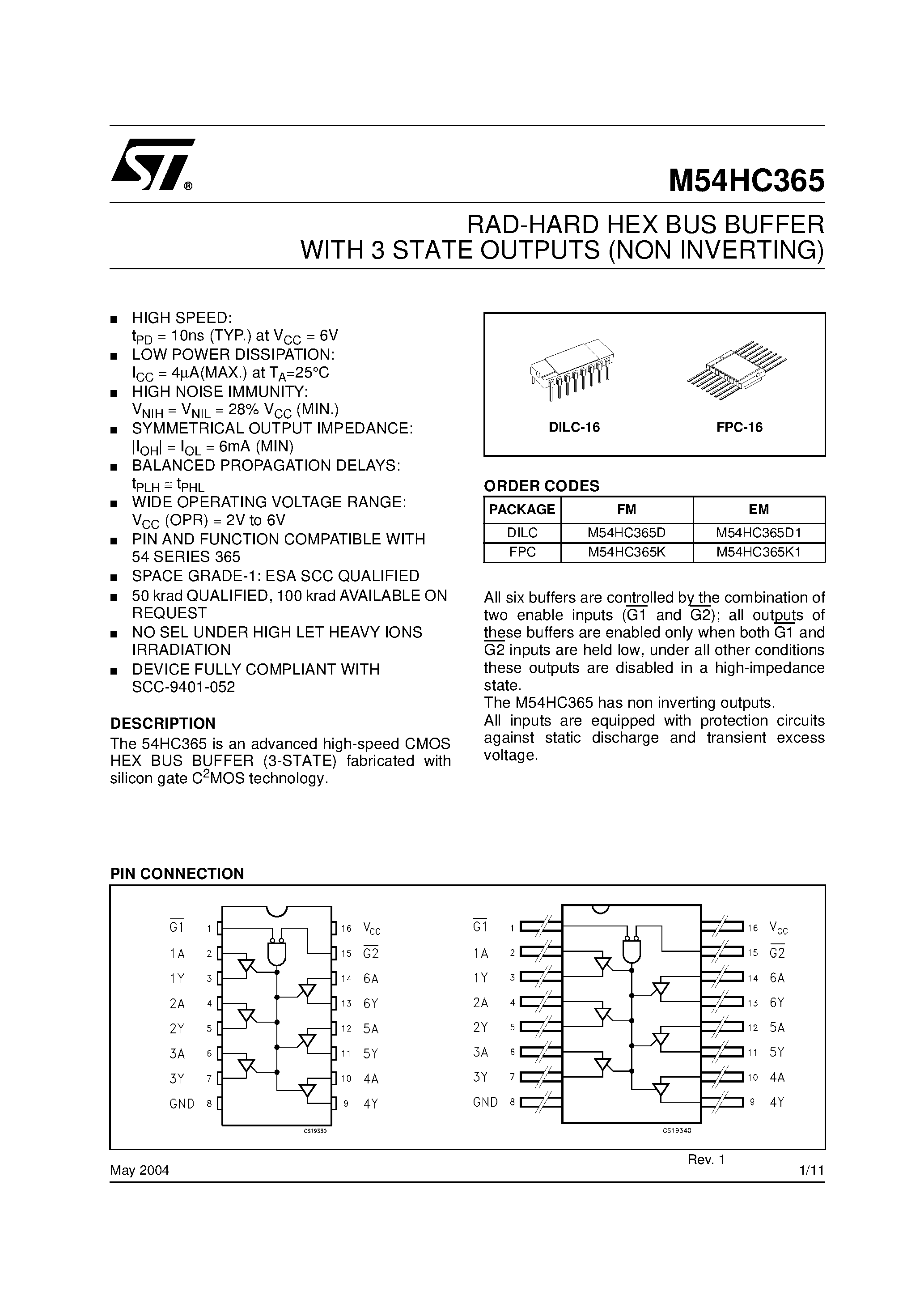 Datasheet M54HC366 - HEX BUS BUFFER 3-STATE HC365 NON INVERTING- HC366 INVERTING page 1