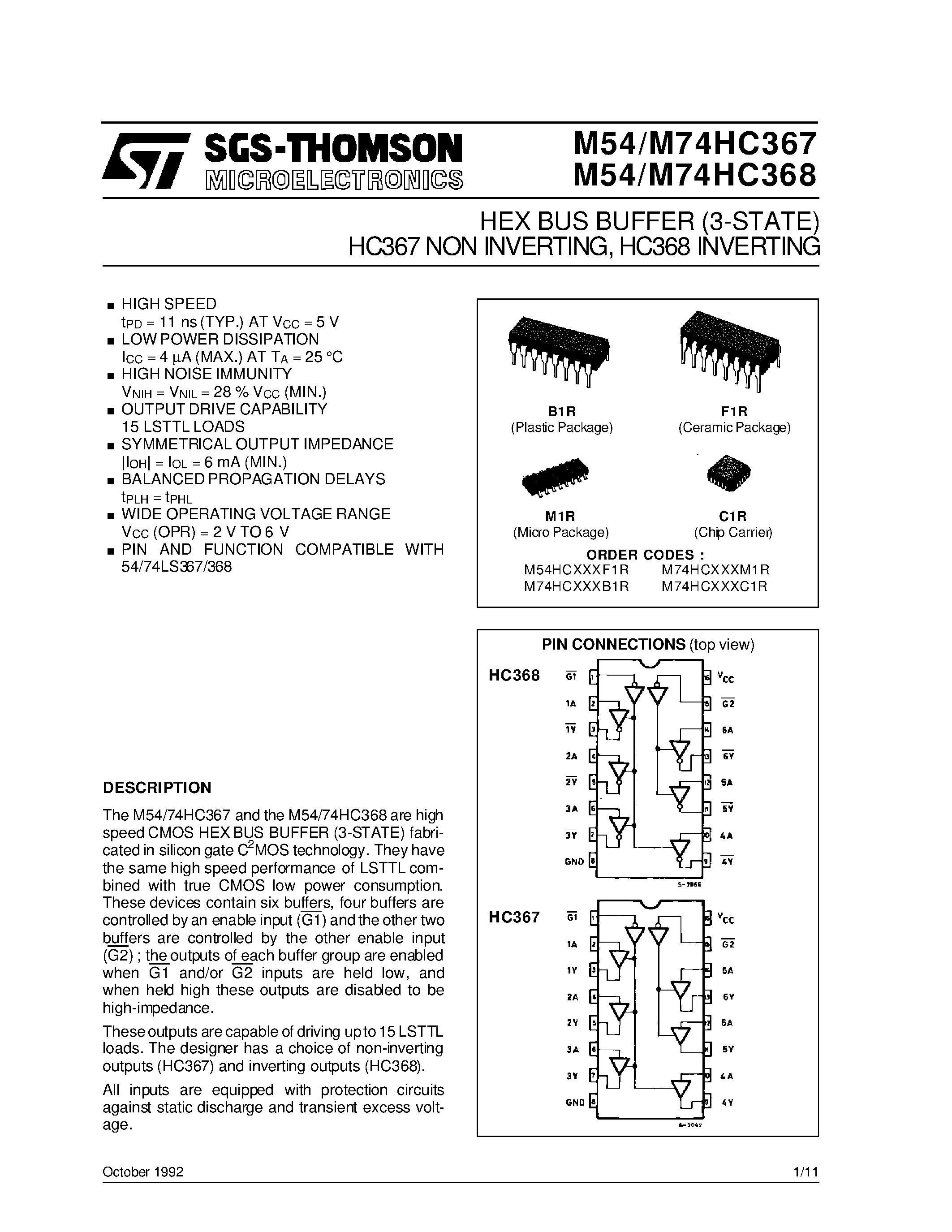 Datasheet M54HC368 - HEX BUS BUFFER 3-STATE HC367 NON INVERTING/ HC368 INVERTING page 1