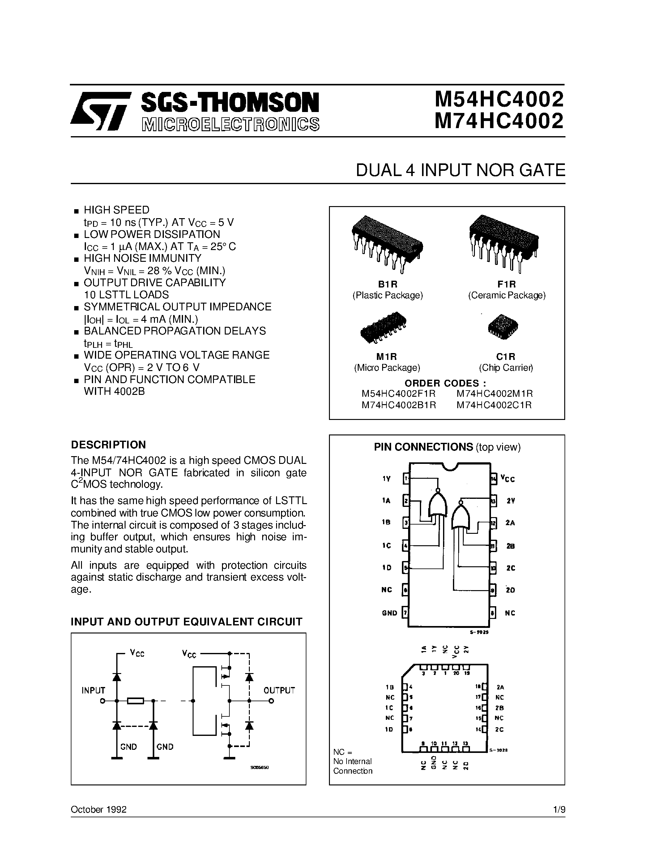 Datasheet M54HC4002F1R - DUAL 4 INPUT NOR GATE page 1