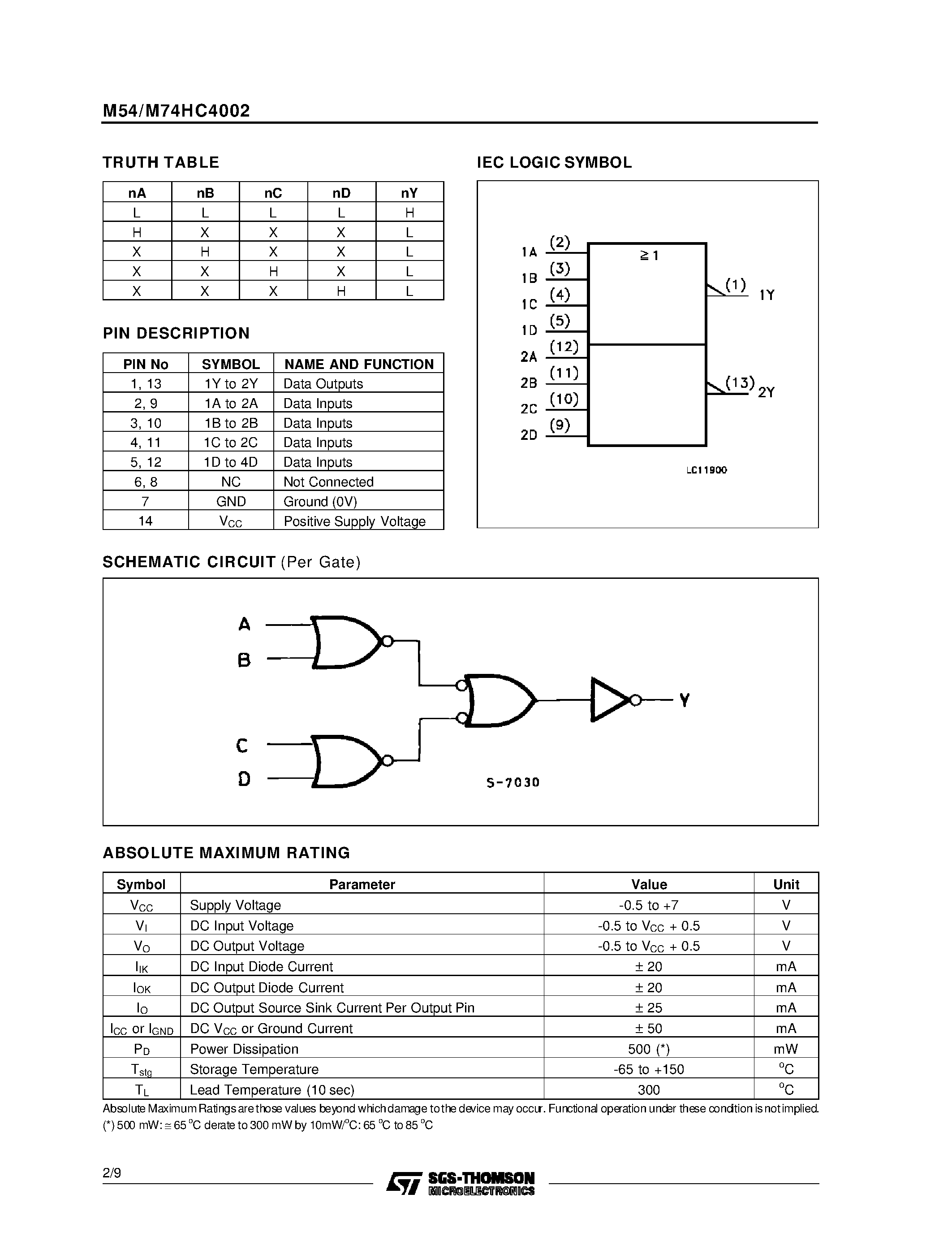 Datasheet M54HC4002F1R - DUAL 4 INPUT NOR GATE page 2