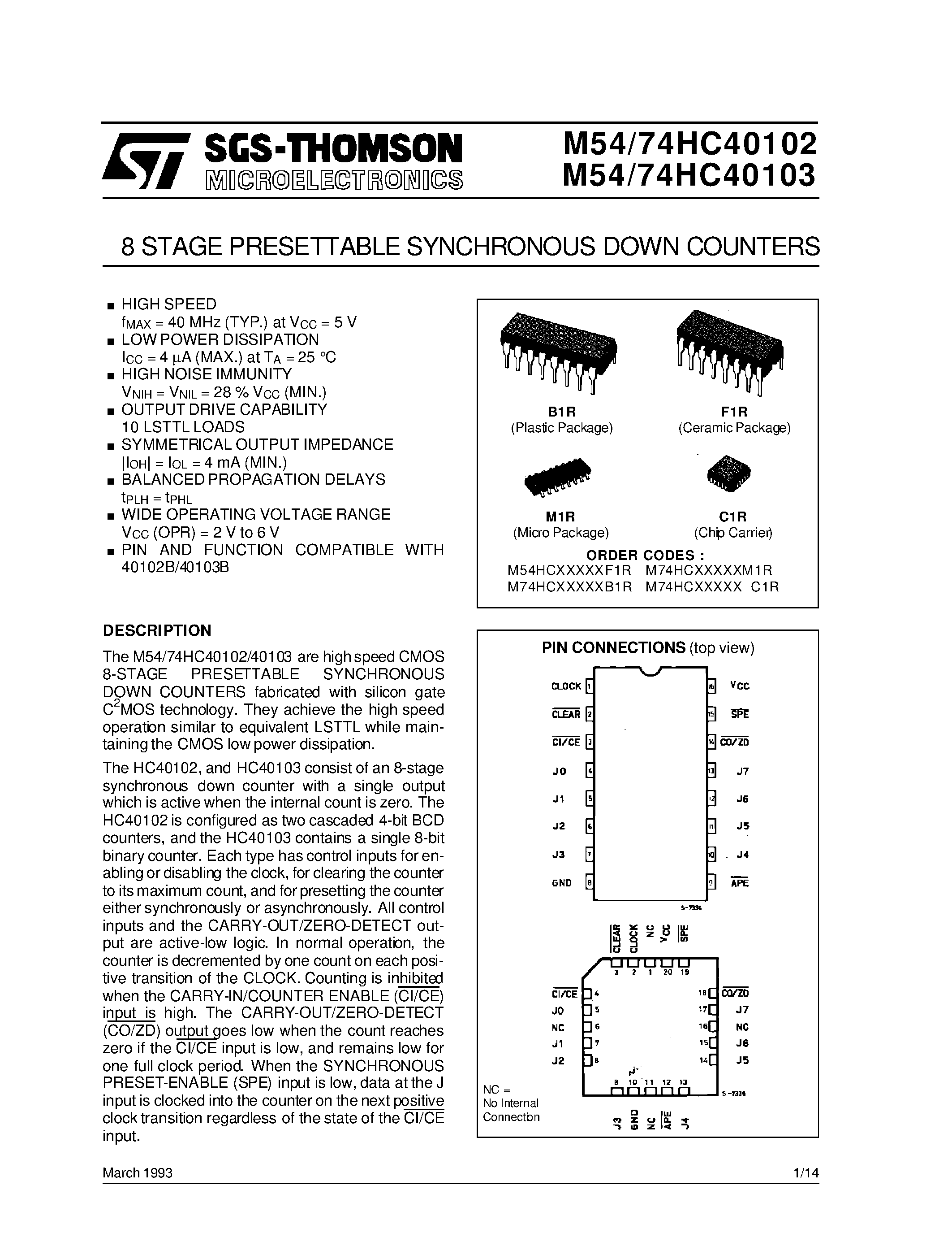 Datasheet M54HC40103 - 8 STAGE PRESETTABLE SYNCHRONOUS DOWN COUNTERS page 1