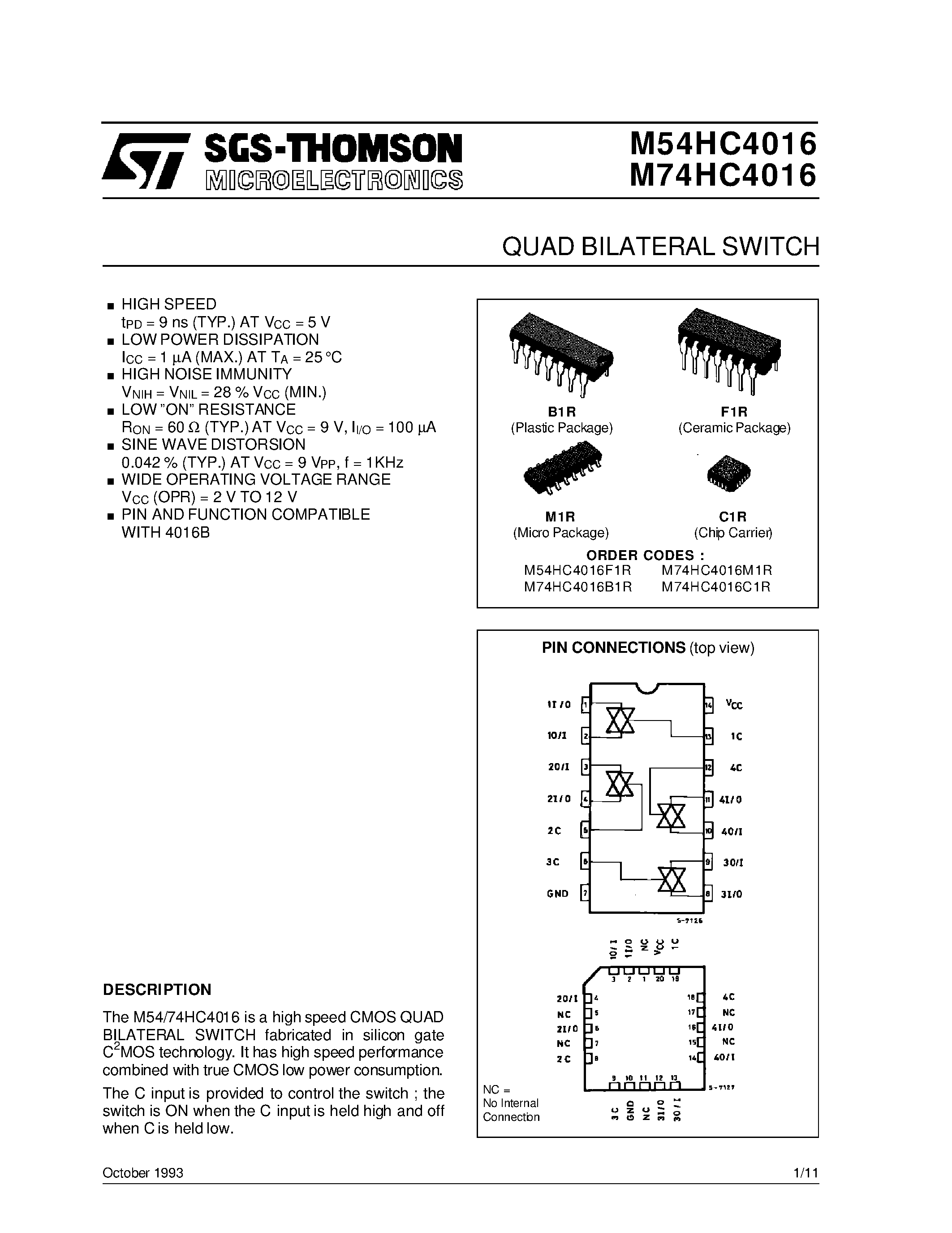 Datasheet M54HC4016F1R page 1 Datasheet M54HC4016F1R - QUAD BILATERAL SWITCH page 1