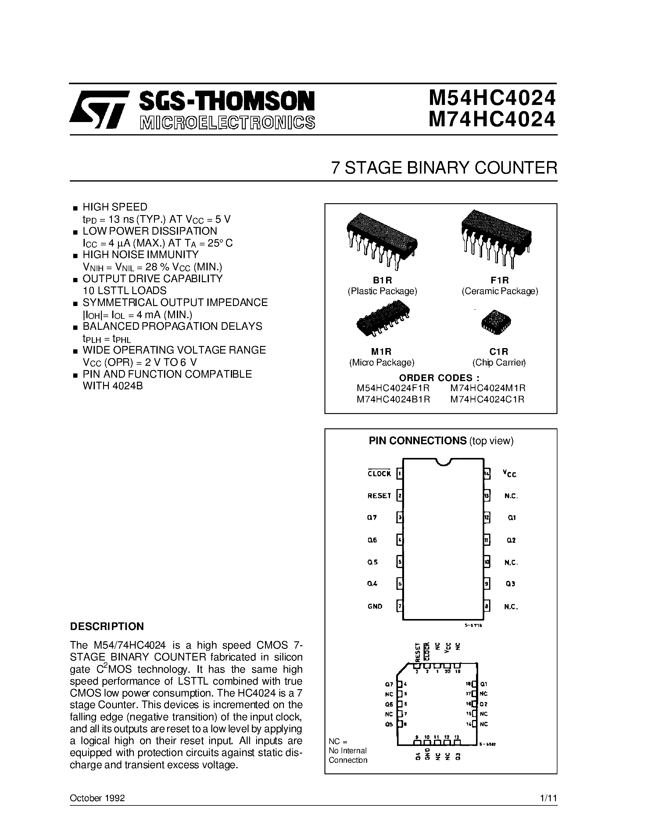 Даташит на микросхему M54HC4024 страница 1 Даташит M54HC4024 - 7 STAGE BINARY COUNTER страница 1