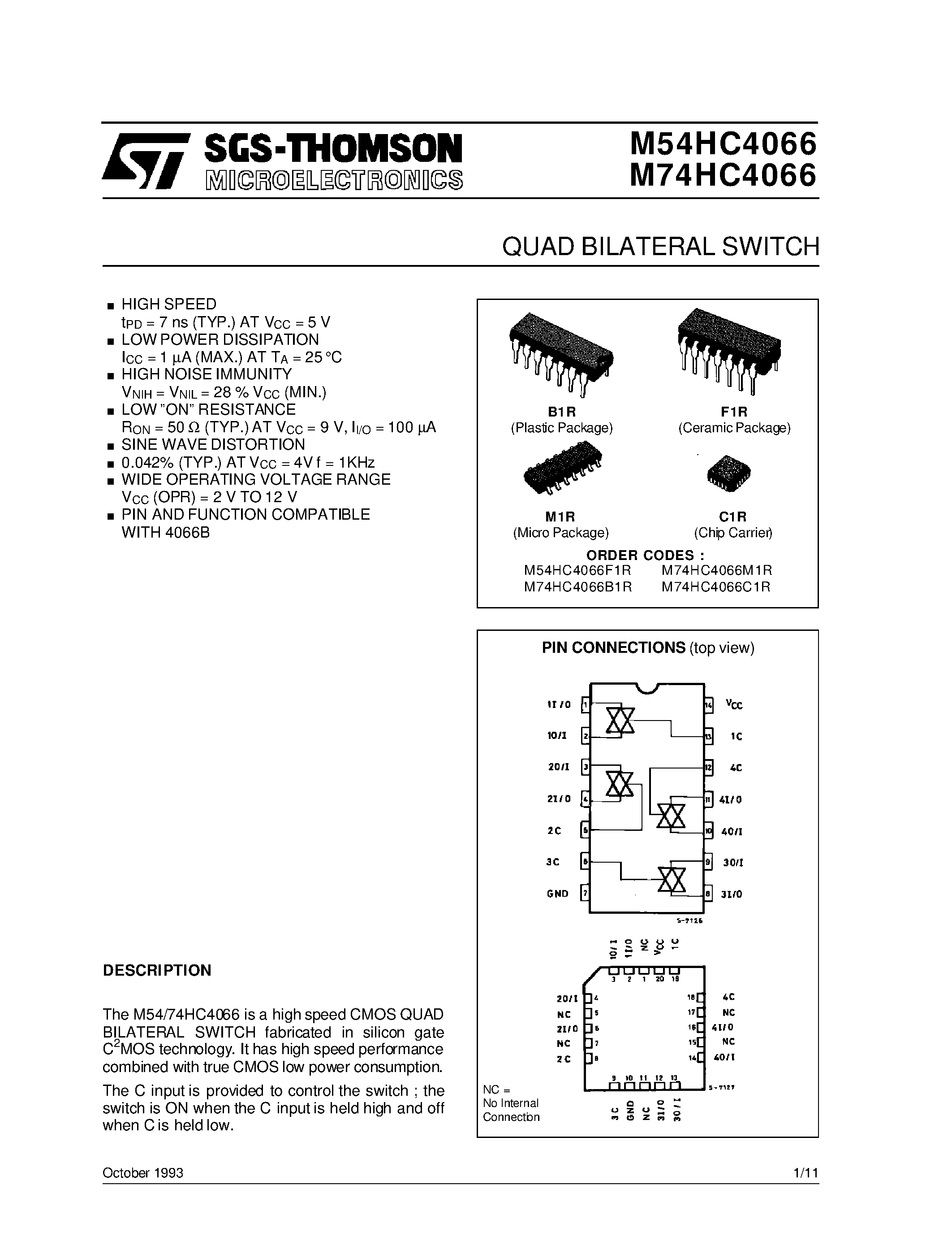 Datasheet M54HC4066F1R page 1 Datasheet M54HC4066F1R - QUAD BILATERAL SWITCH page 1