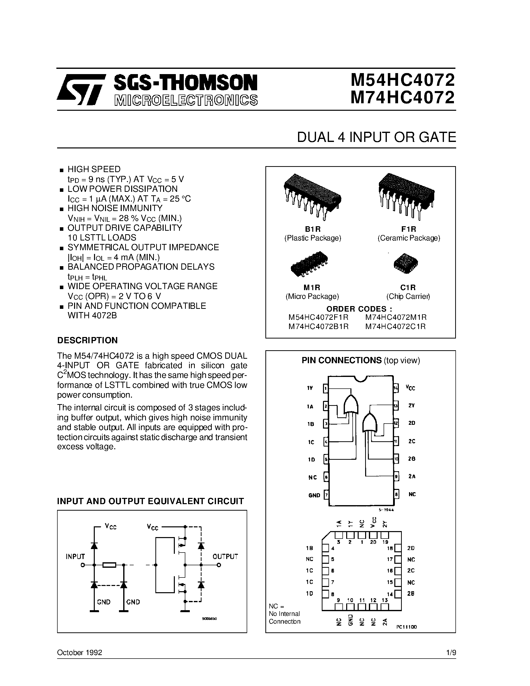 Datasheet M54HC4072 - DUAL 4 INPUT OR GATE page 1